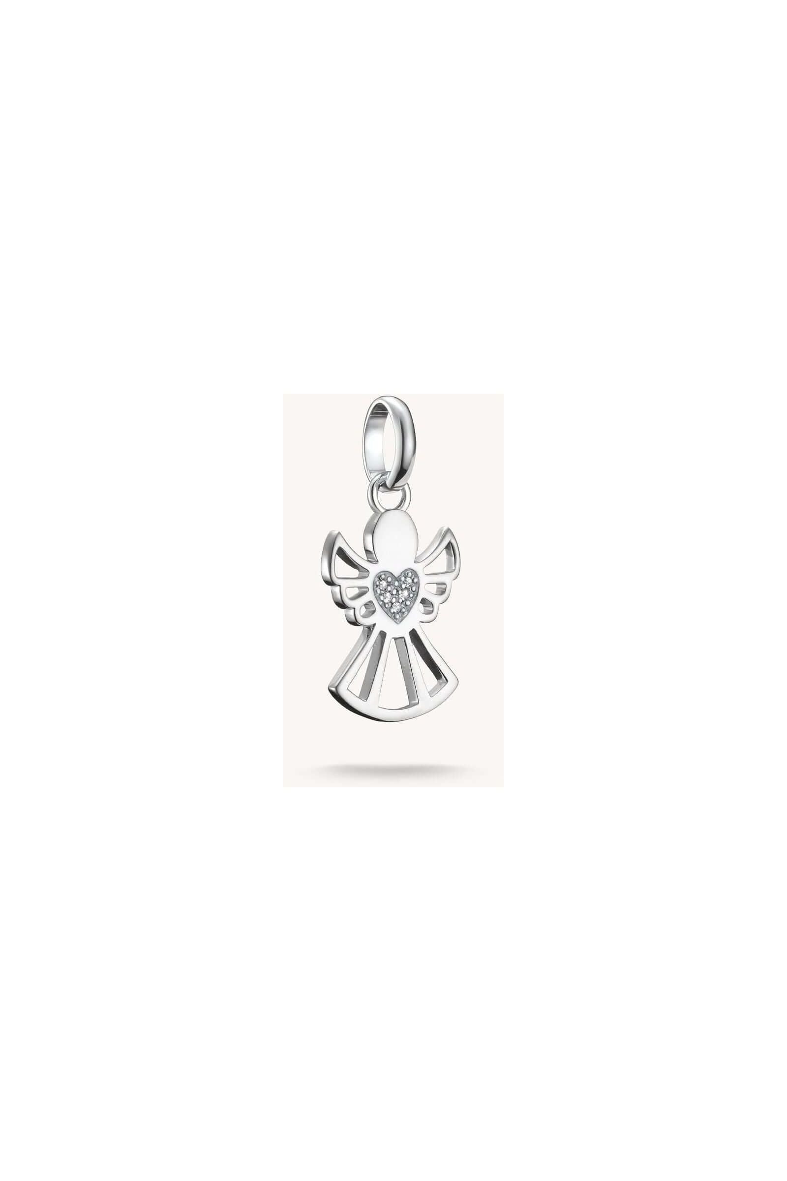 Pendentif charm en argent recyclé en forme d'ange avec cœur pavé de zirconiums blancs.