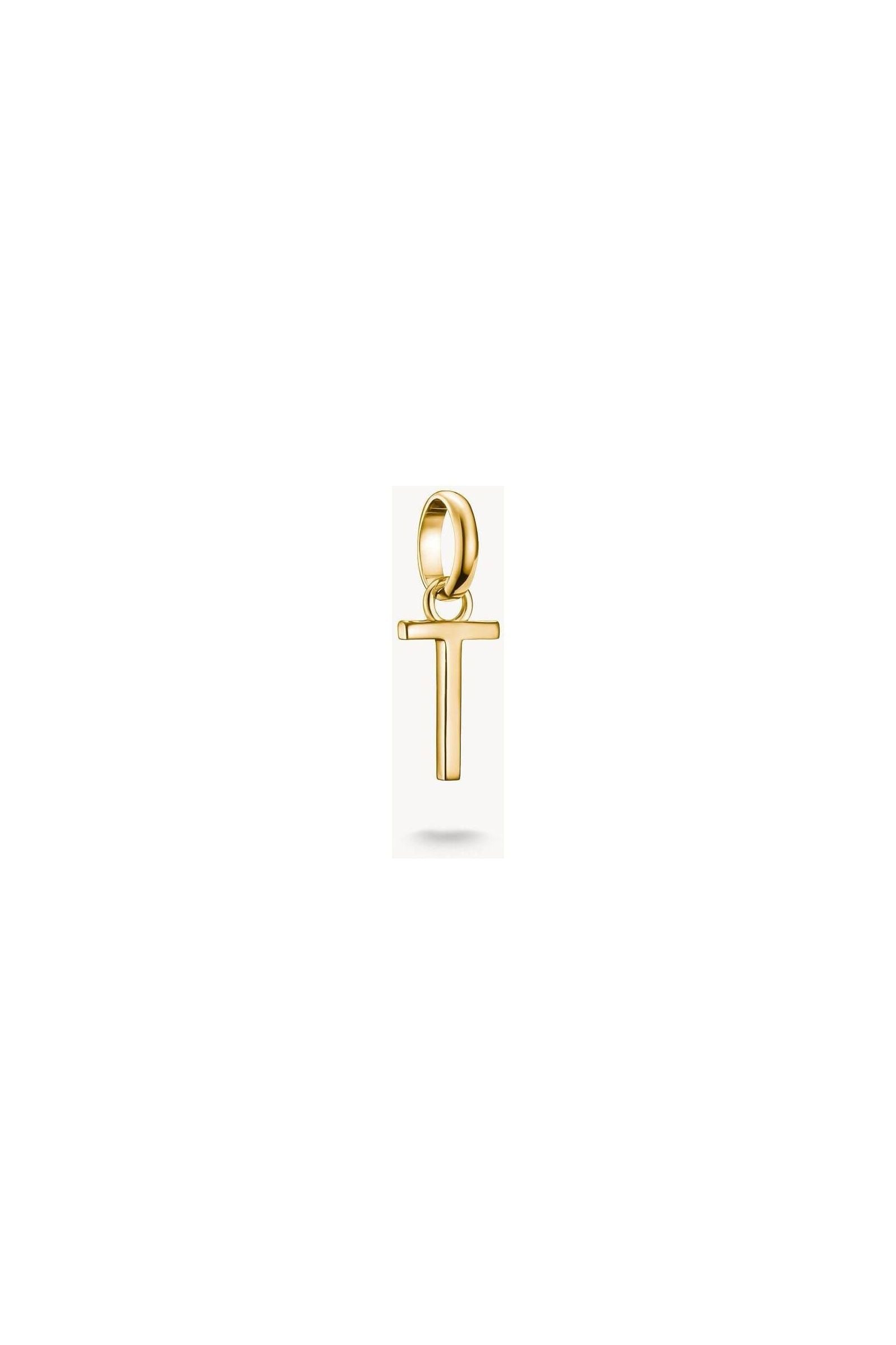 Pendentif charm lettre T en plaqué or 18k, design élégant et moderne, parfait pour des bijoux personnalisés.