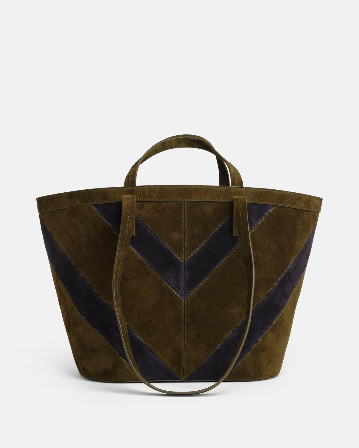 sac à main en cuir suédé Missoni medium trapézoïdal en teinture aubergine et olive, élégant et raffiné.