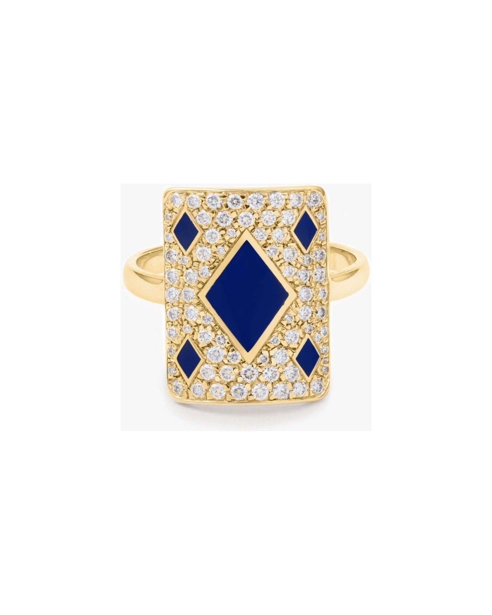 Bague bleu honneur en or jaune 18 carats avec diamants, design élégant et talisman totem.