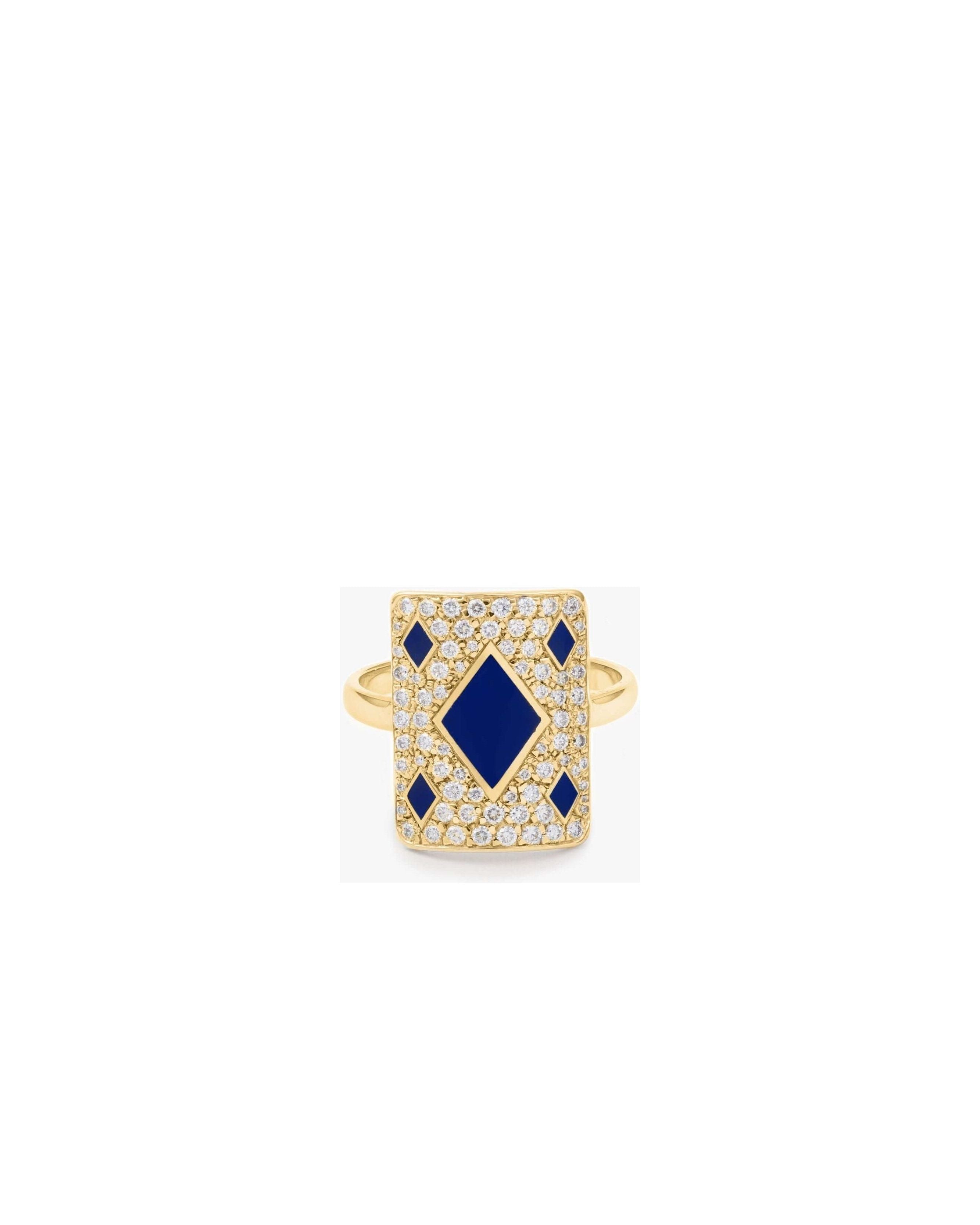 Bague bleu honneur en or jaune 18 carats avec diamants, design élégant et talisman totem.