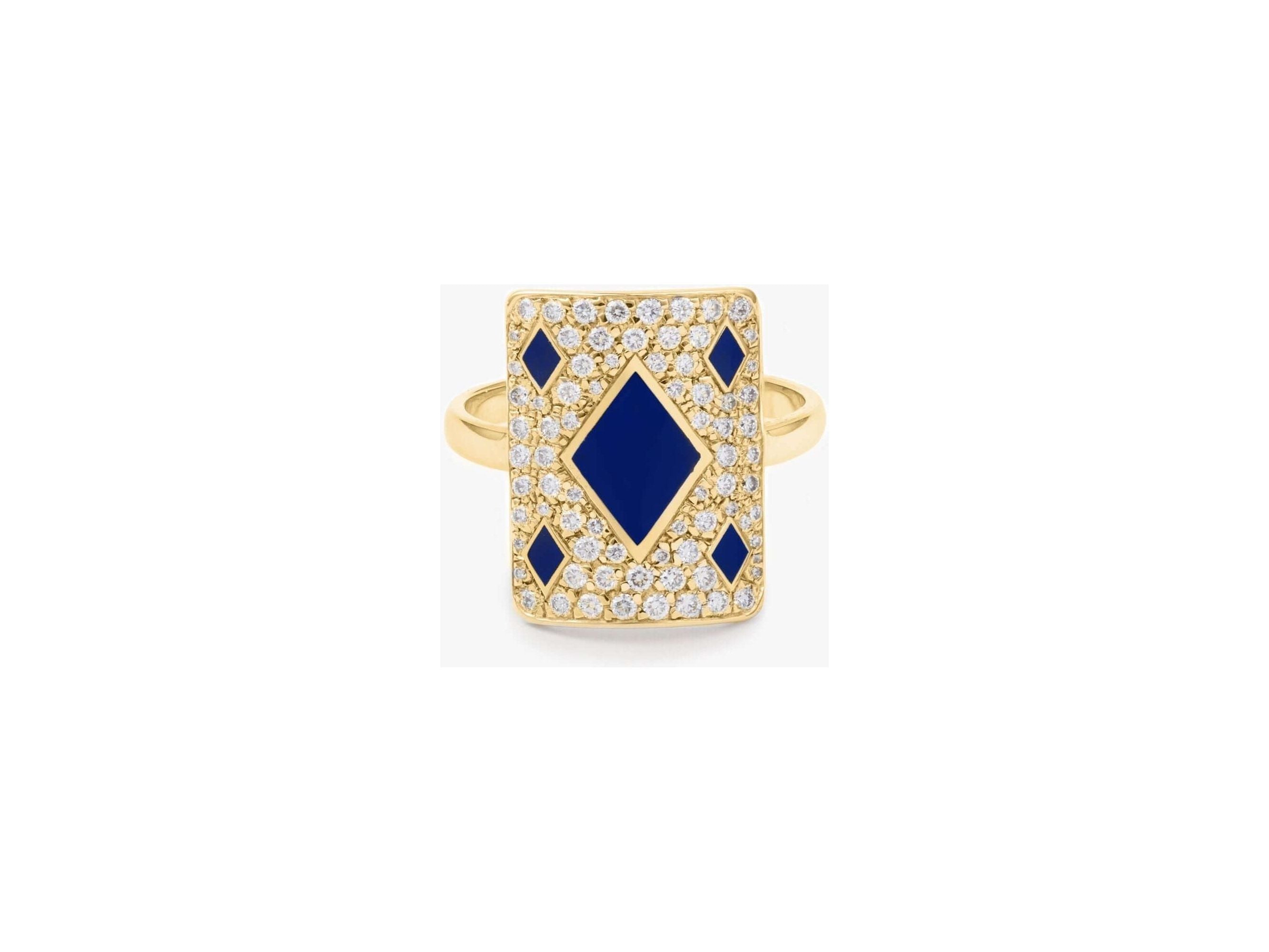 Bague bleu honneur en or jaune 18 carats avec diamants, design élégant et talisman totem.