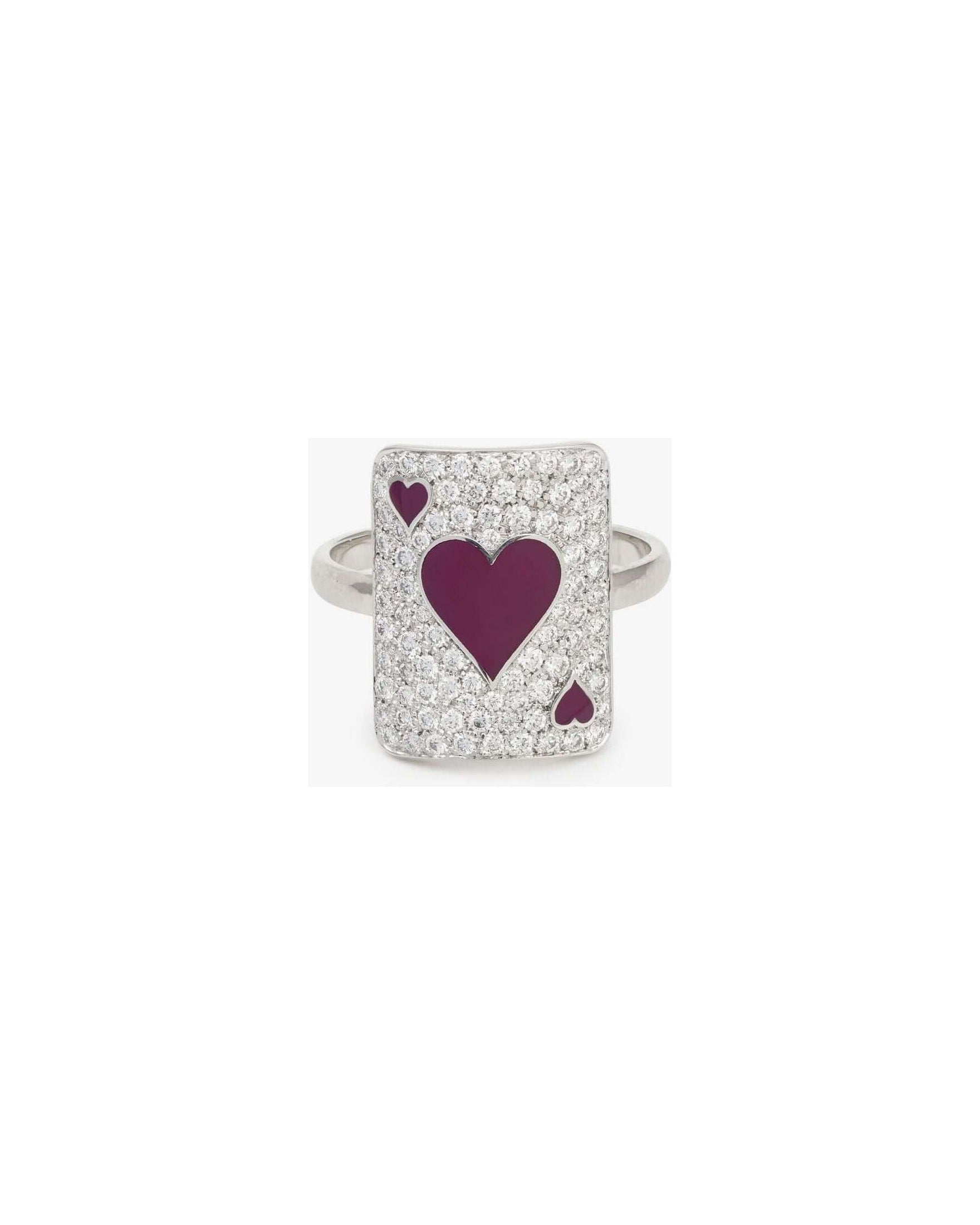 Bague Pinkie Lovely Âme en or blanc 18cts, ornée de cœurs en laque et diamants, symbole d'amour et de passion.
