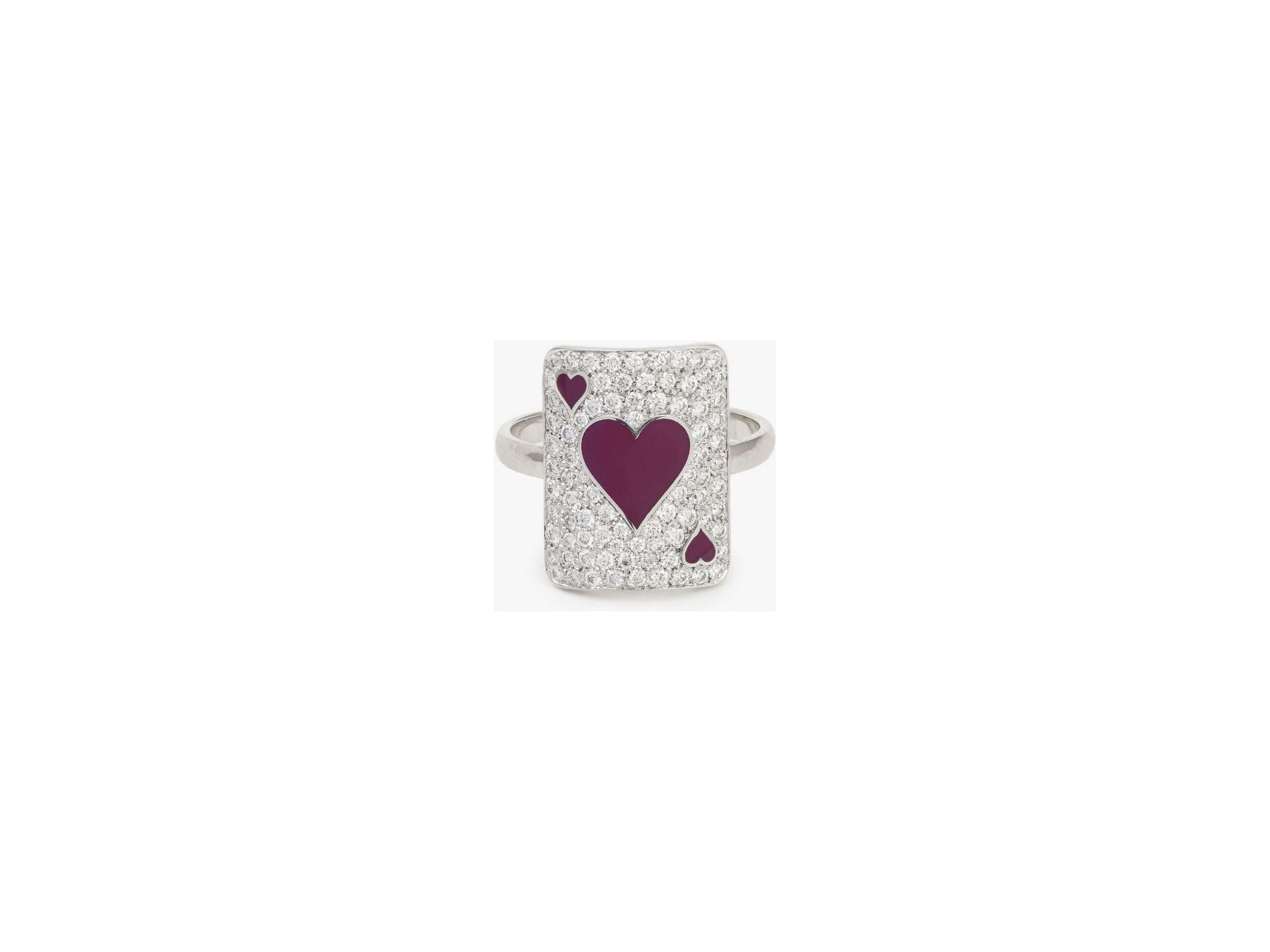 Bague Pinkie Lovely Âme en or blanc 18cts, ornée de cœurs en laque et diamants, symbole d'amour et de passion.