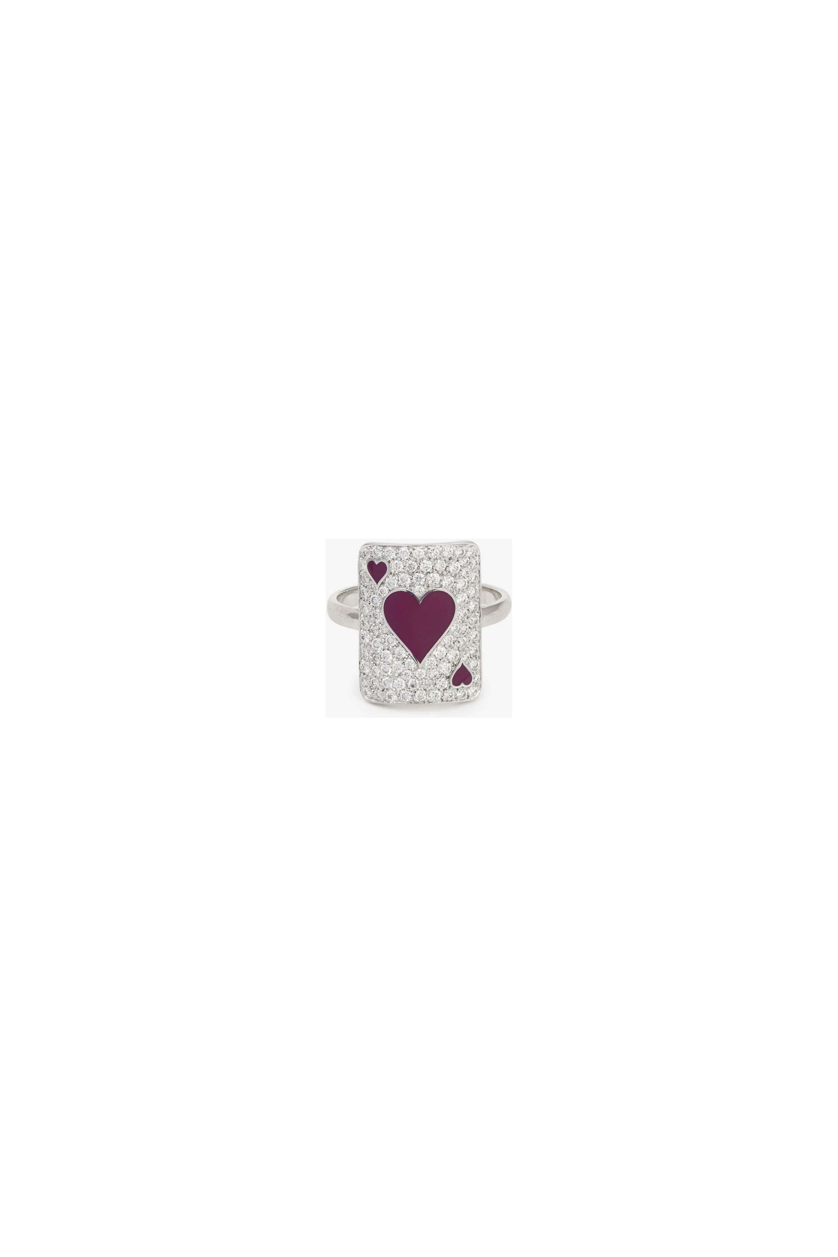 Bague Pinkie Lovely Âme en or blanc 18cts, ornée de cœurs en laque et diamants, symbole d'amour et de passion.