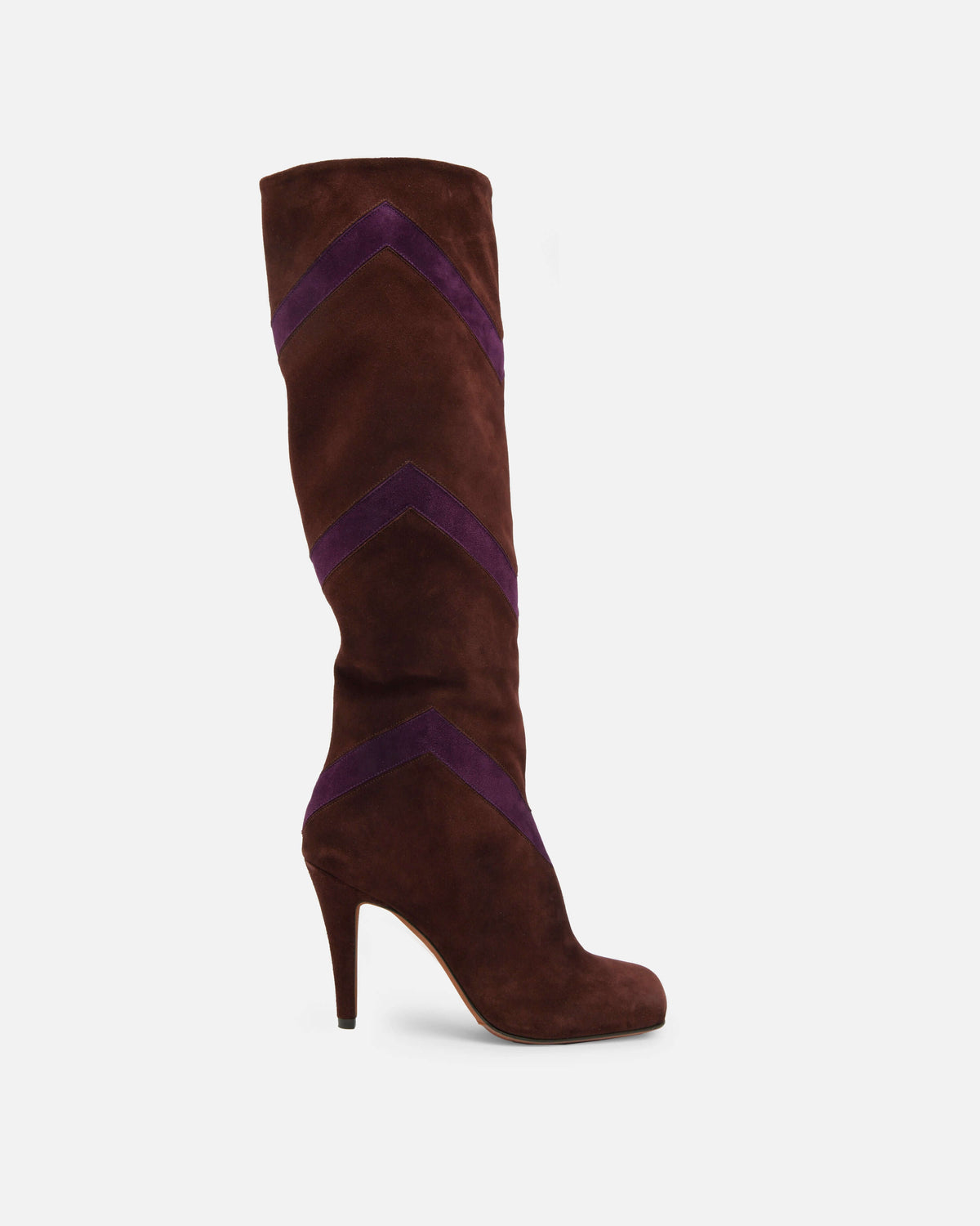 Bottes montantes Beatrice en veau velours marron avec empiècements violets.