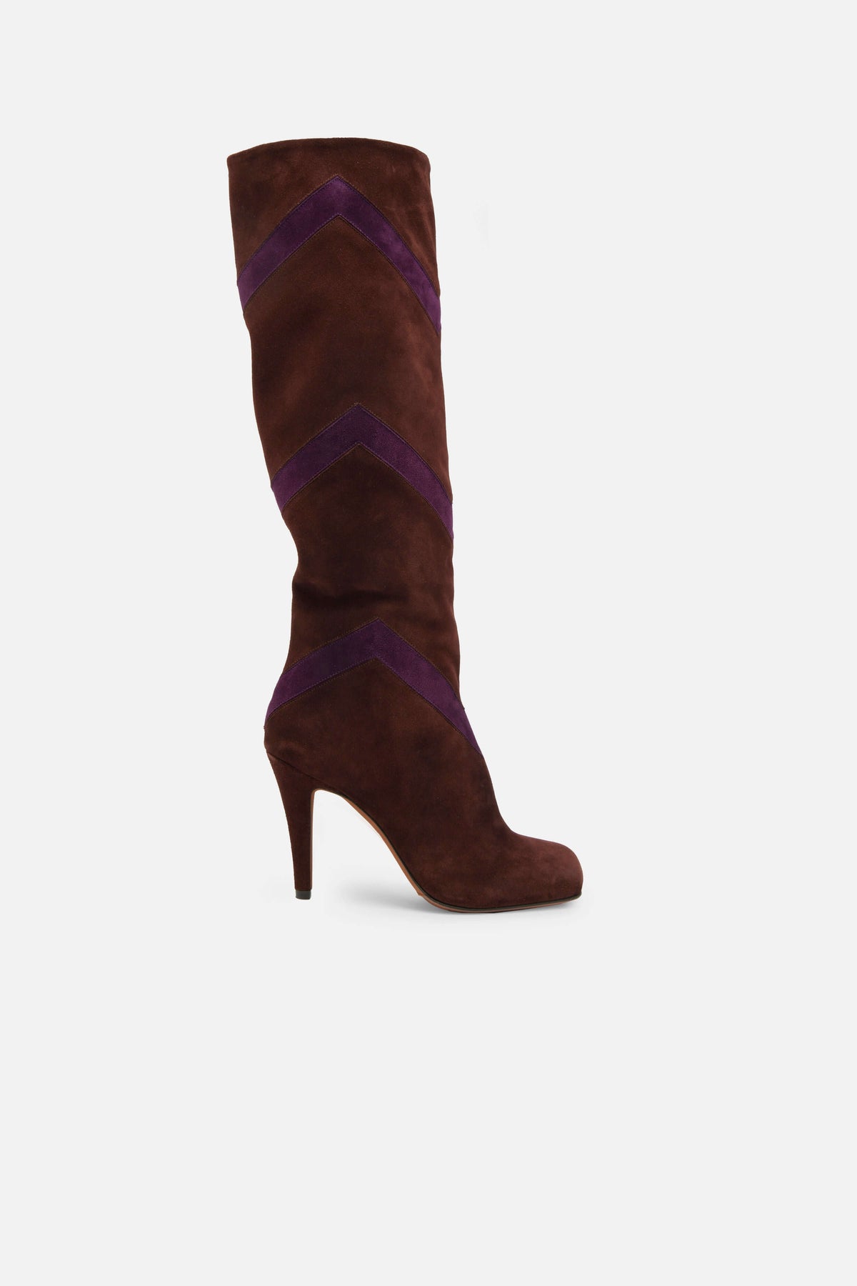 Bottes montantes Beatrice en veau velours marron avec empiècements violets.