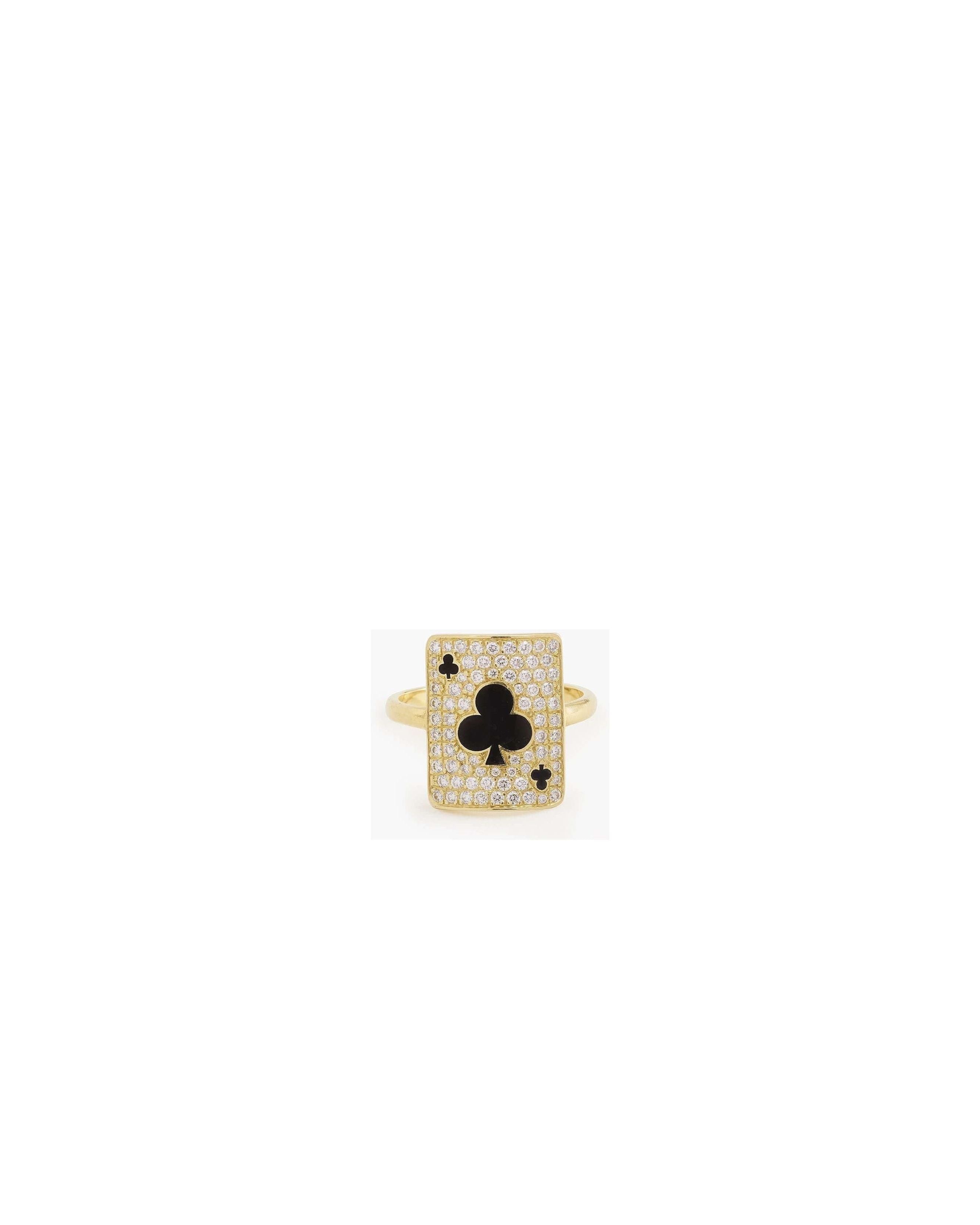 Bague en or jaune ornée d'un trèfle noir et de diamants scintillants, style poker chic.