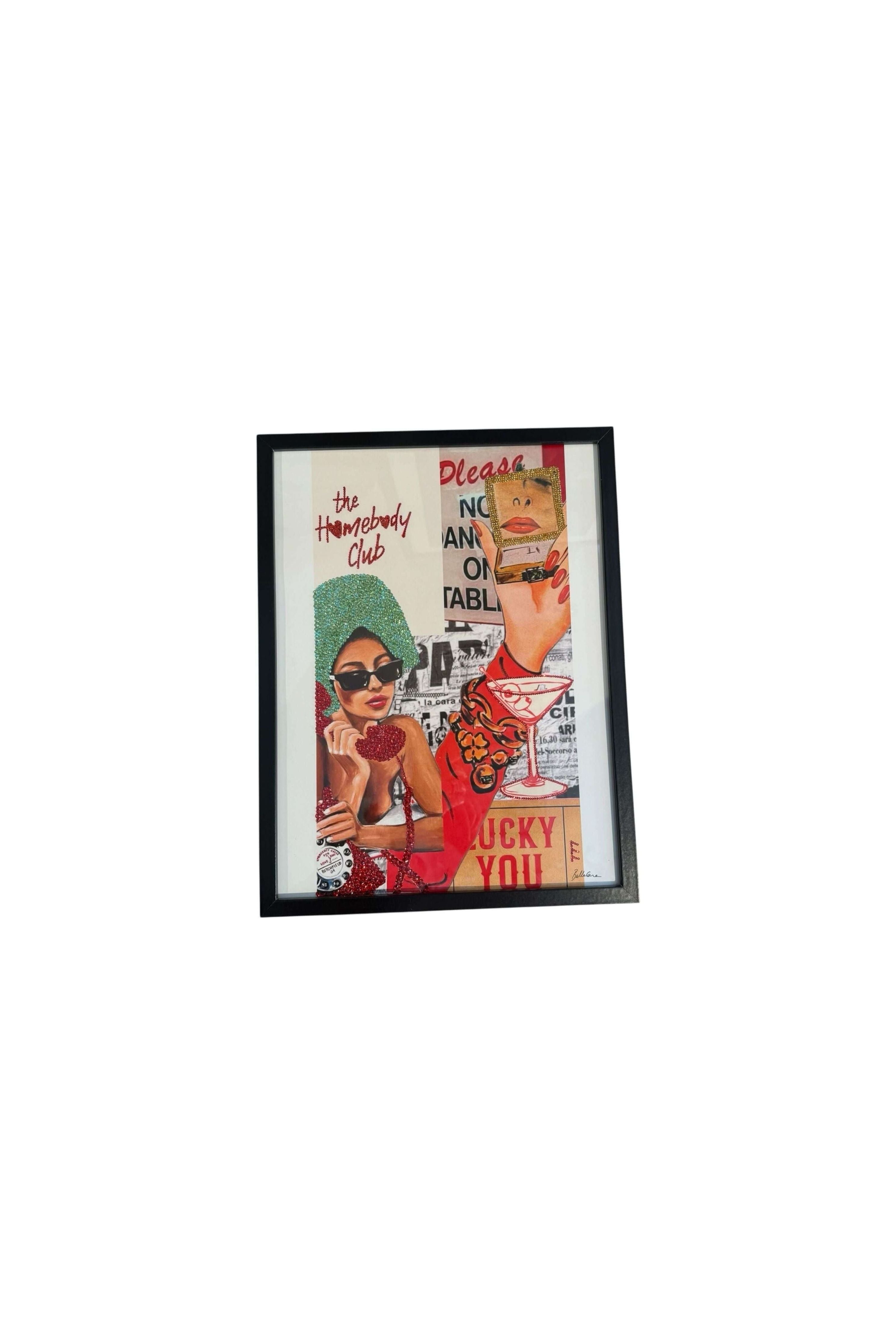 Art print in black frame featuring glamorous woman with sunglasses, cocktail, and vibrant colors for stylish decor.