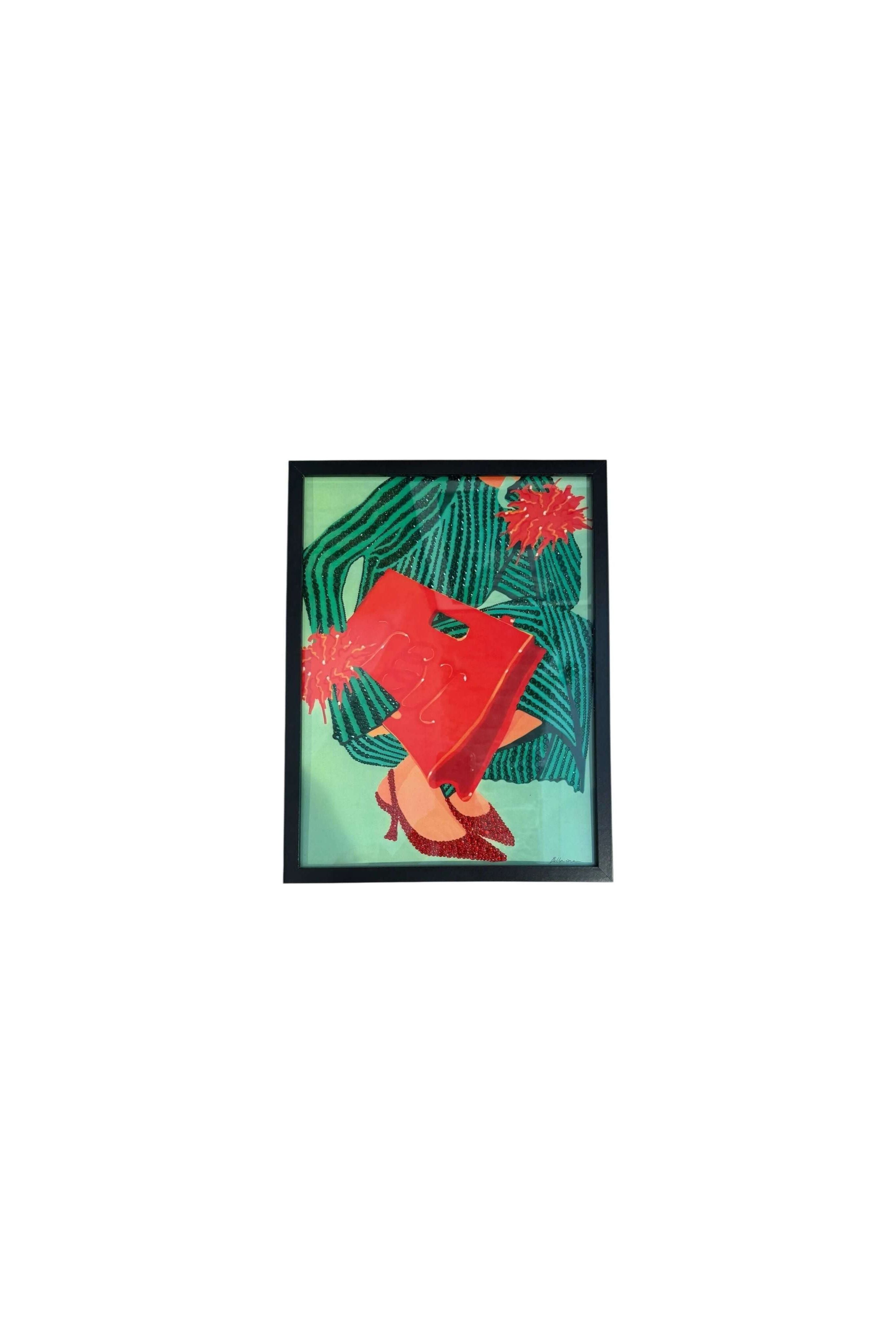 Photo encadrée 30x40 avec strass brillants et un motif de chaussure rouge sur fond vert, ajoutant glamour à la décoration.
