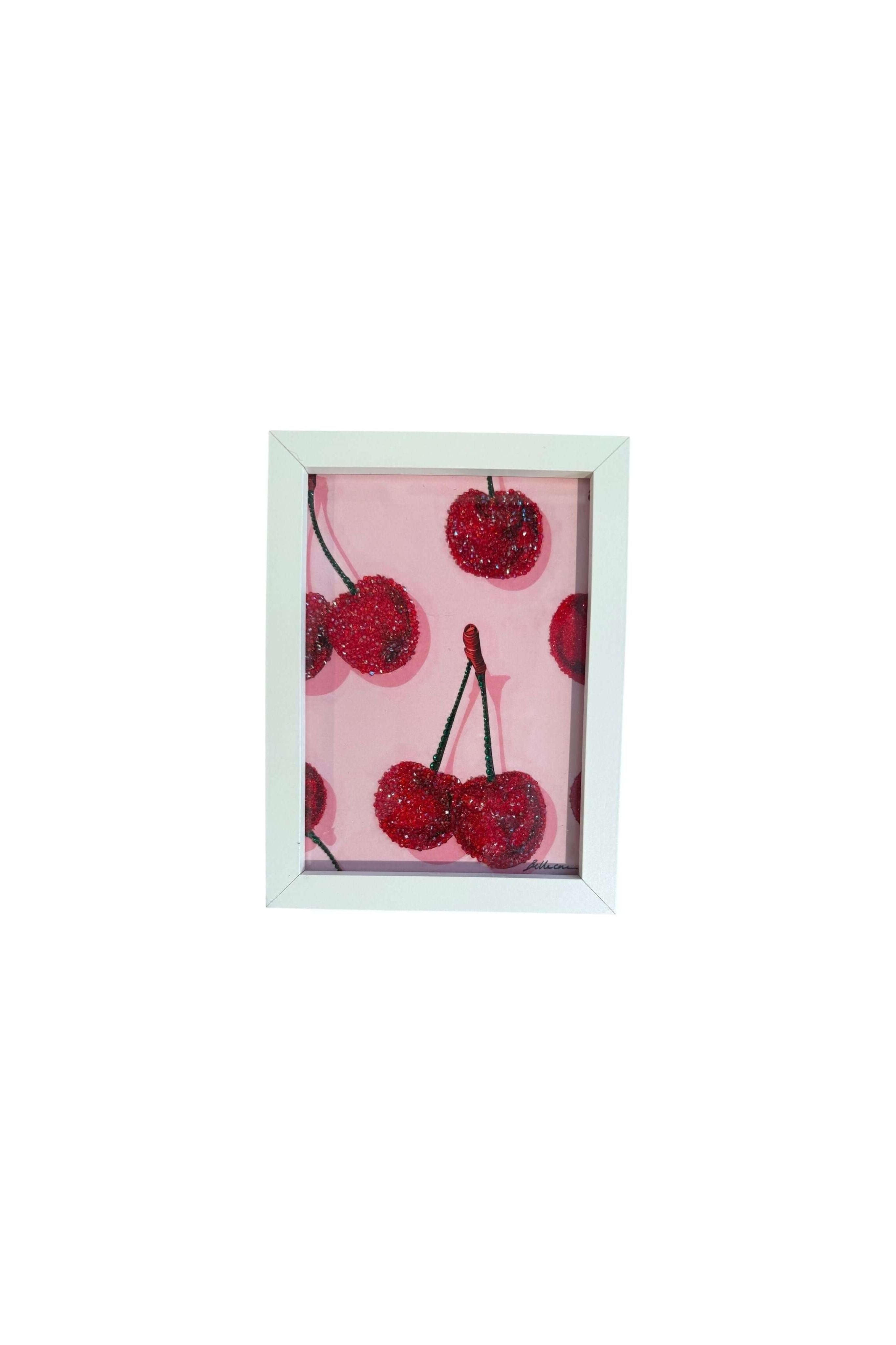 Encadrée 13x19 cm photo d'art de cerises rouges brillantes sur fond rose, idéale pour décorer votre intérieur.