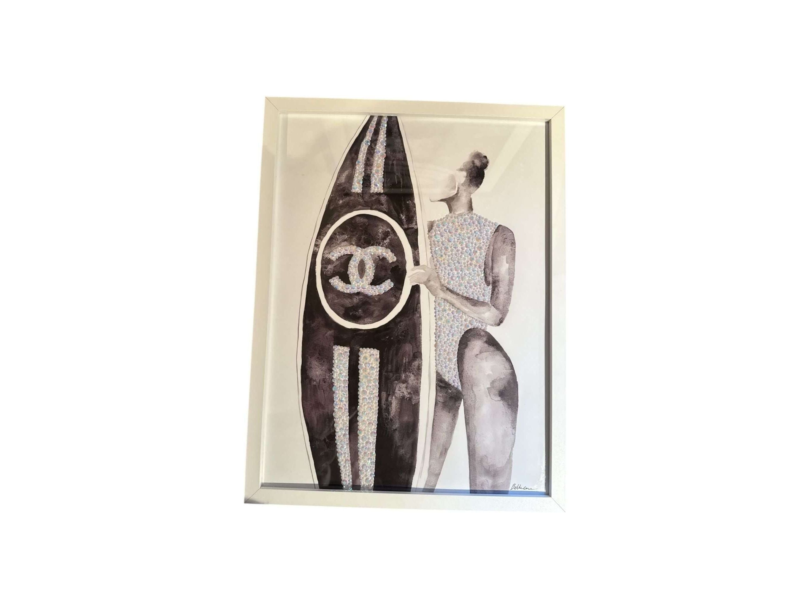 Art print of a stylish woman with a Chanel surfboard, showcasing a fashionable and chic beach aesthetic.