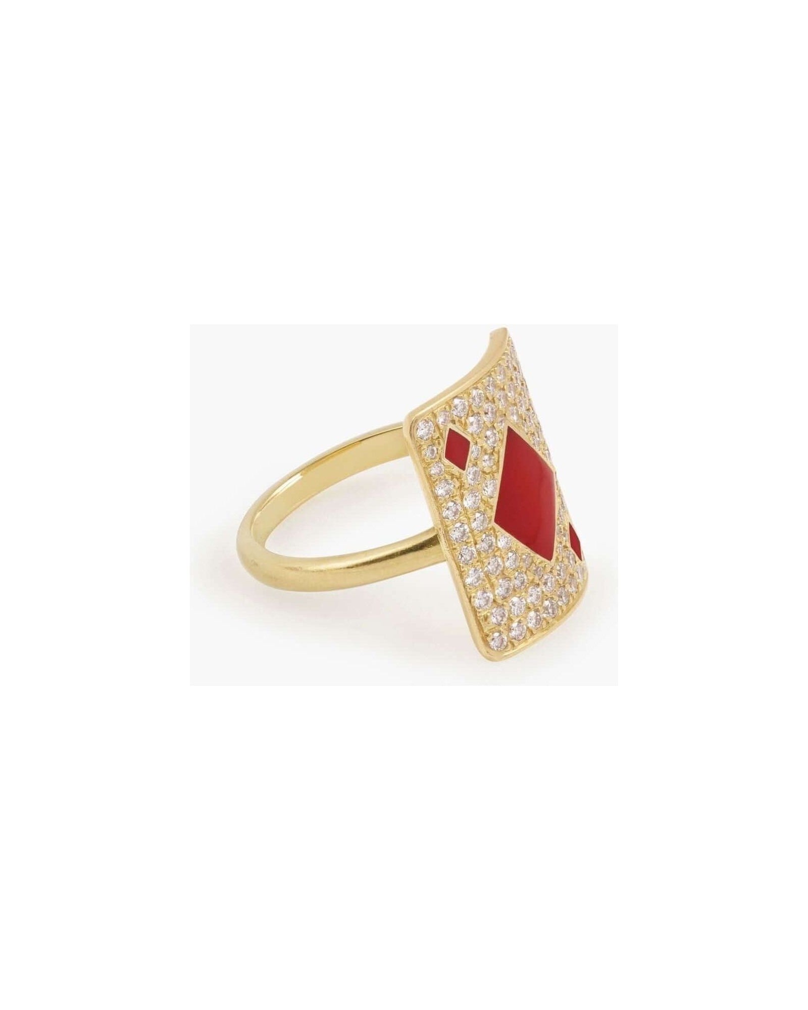 Bague pinkie honneur en or jaune 18cts, ornée de diamants et laque rouge, un bijou luxueux et intemporel.