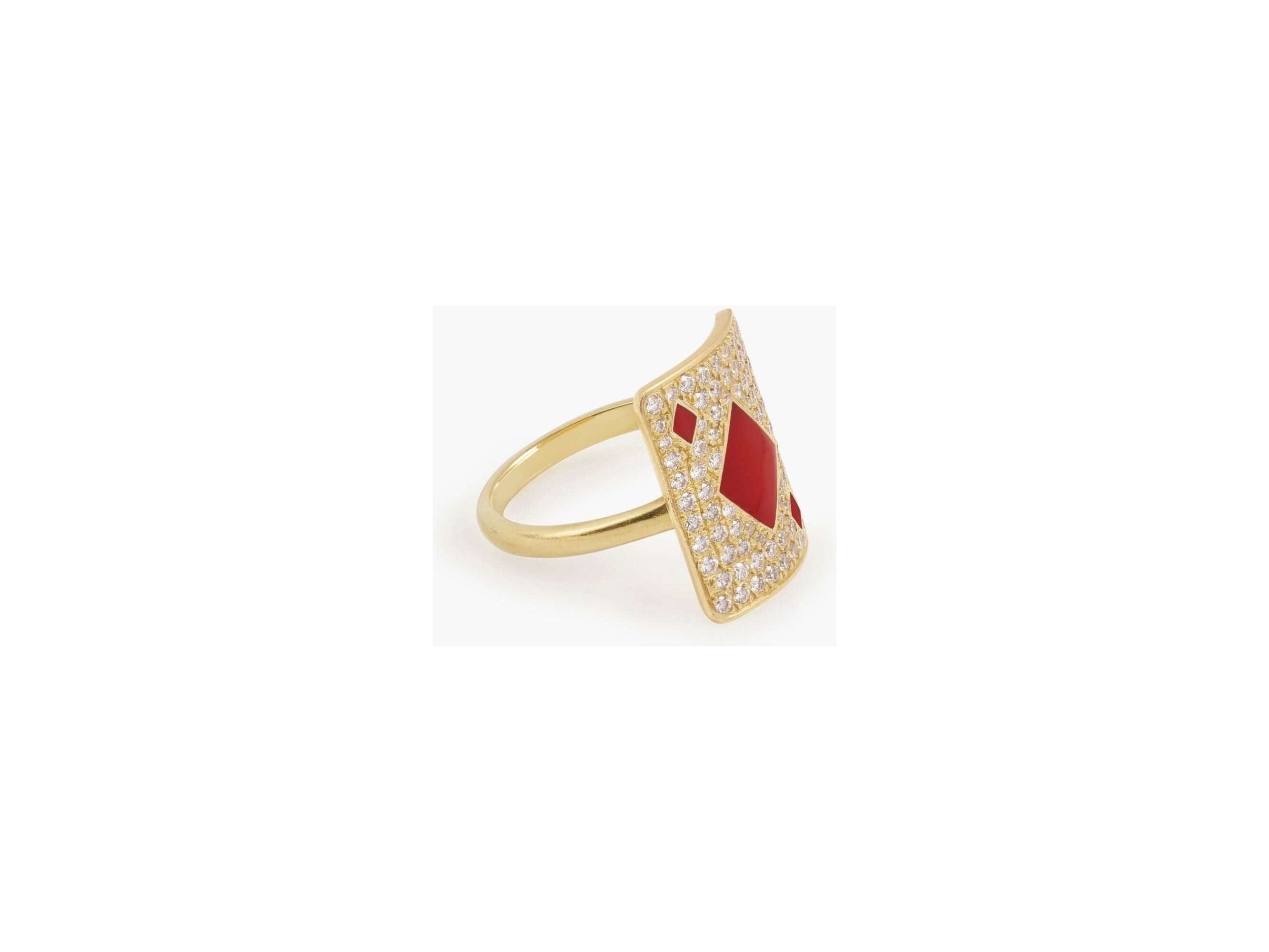 Bague pinkie honneur en or jaune 18cts, ornée de diamants et laque rouge, un bijou luxueux et intemporel.
