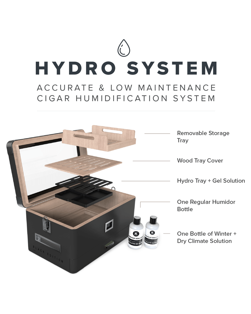 Hydro System cigar humidification box with removable tray, gel solution, and maintenance items for optimal storage.