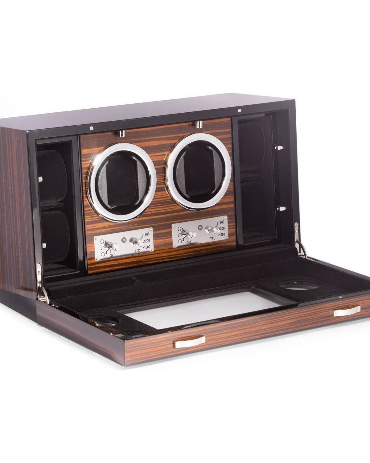 Remontoir de montres "CEO" en ébène avec compartiments et commandes pour 2 montres, design élégant.