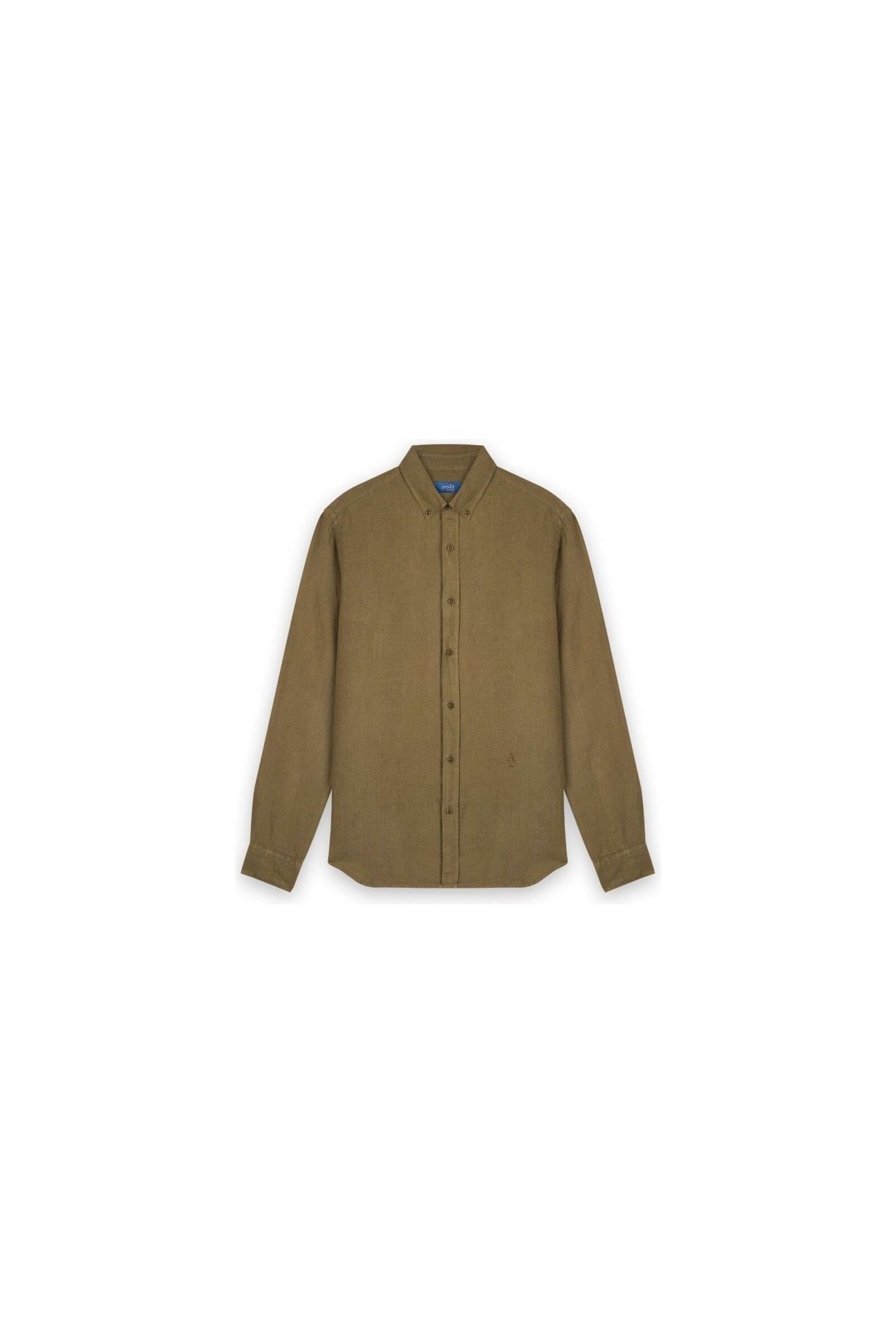 Homme chemise en lin naturel européen, coupe classique, col boutonné, couleur olive, manches longues.