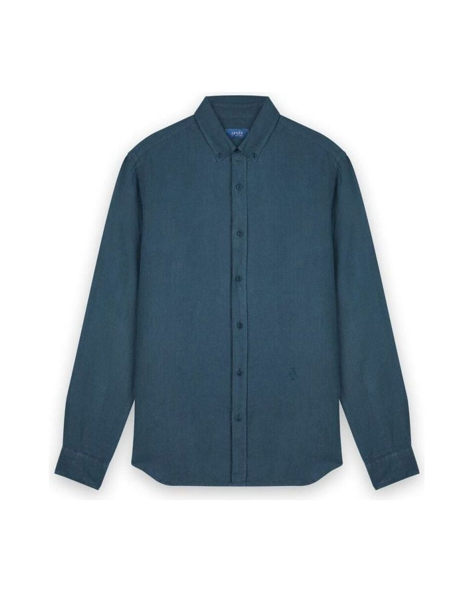 Chemise en lin homme, coupe classique, couleur bleu foncé, boutonnière et col boutonné, 100% lin naturel européen.