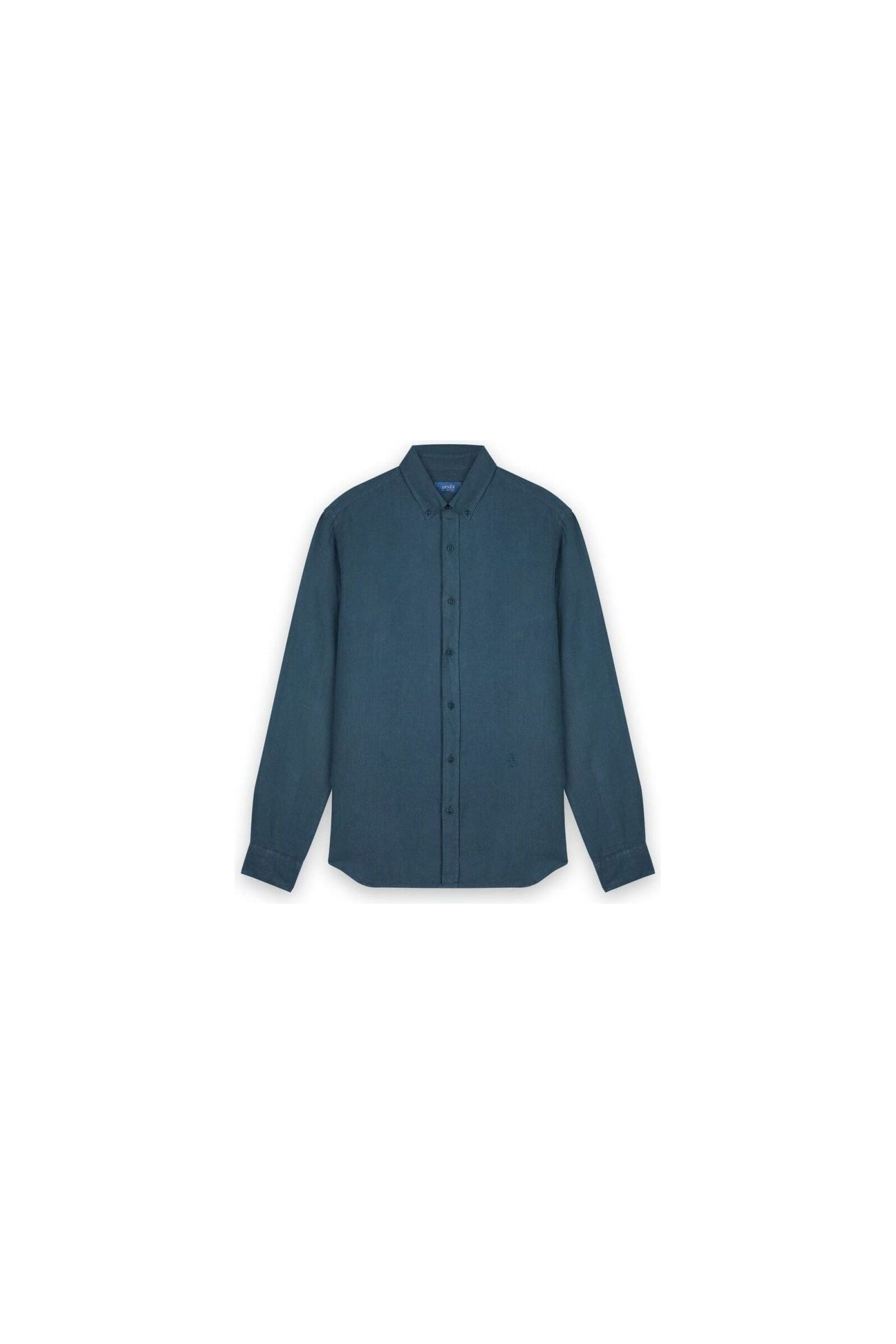 Chemise en lin homme, coupe classique, couleur bleu foncé, boutonnière et col boutonné, 100% lin naturel européen.