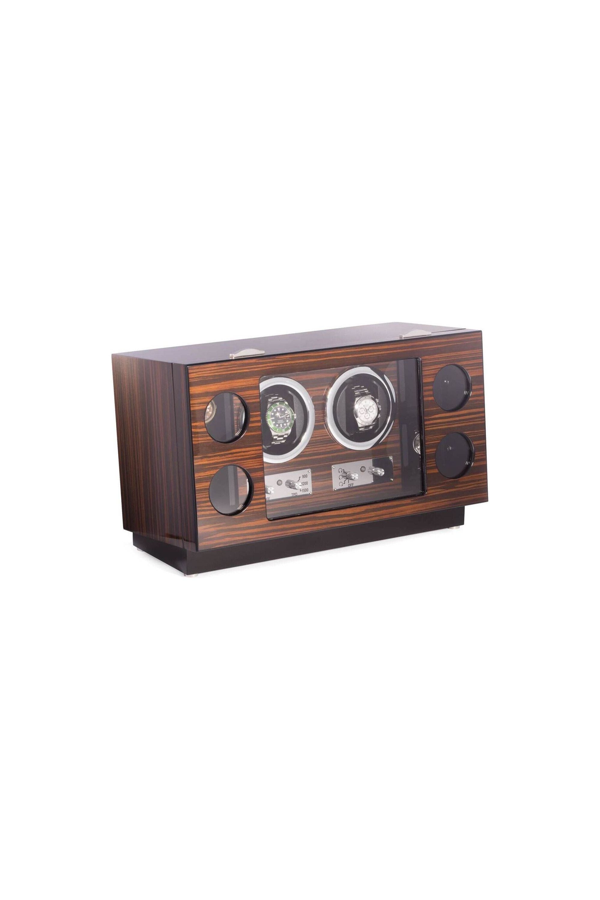 Remontoir de montres "CEO" en bois ébène avec rangement pour 4 montres et façade en verre.