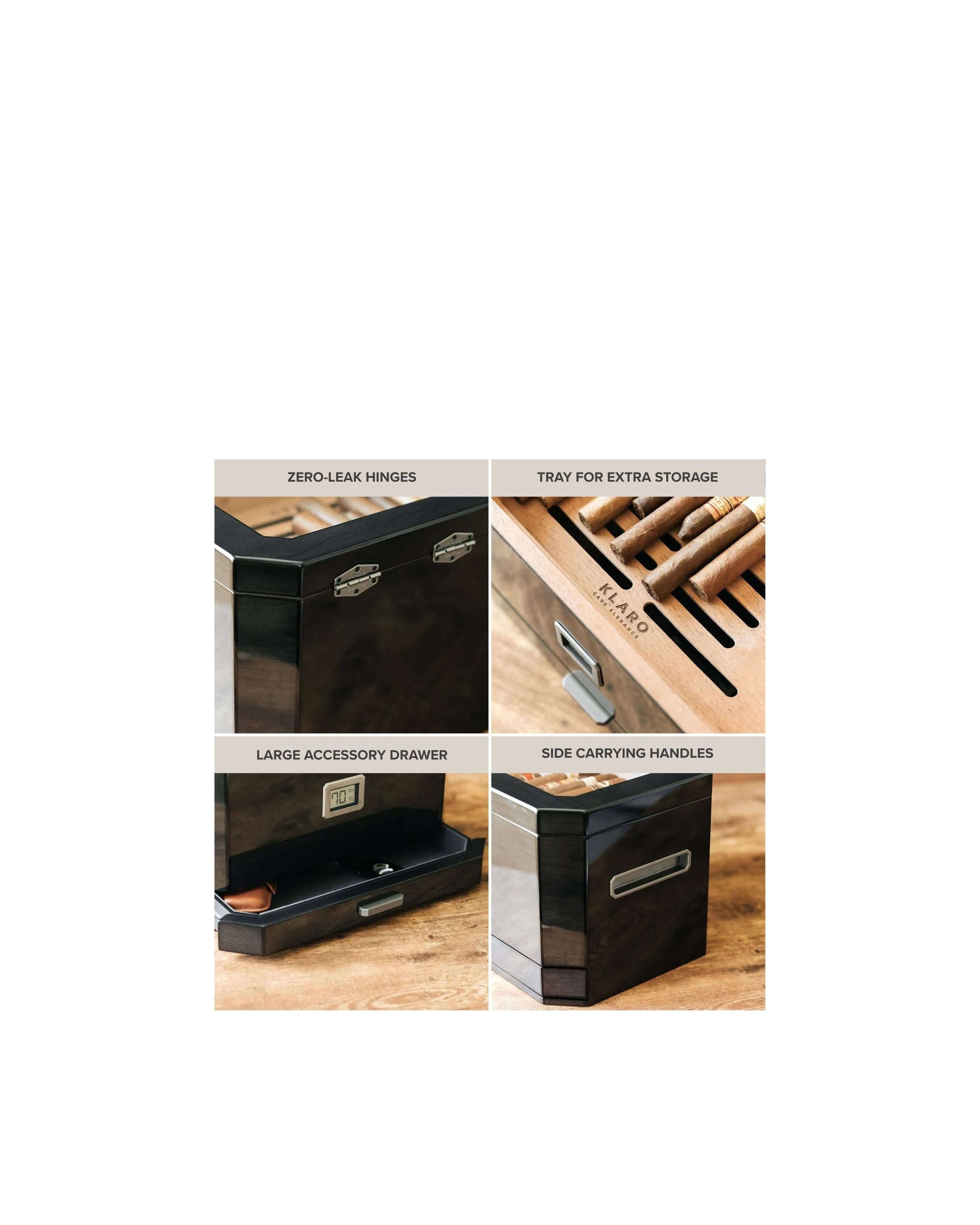 Humidor Octodor features zero-leak hinges, extra storage tray, large accessory drawer, and side carrying handles.