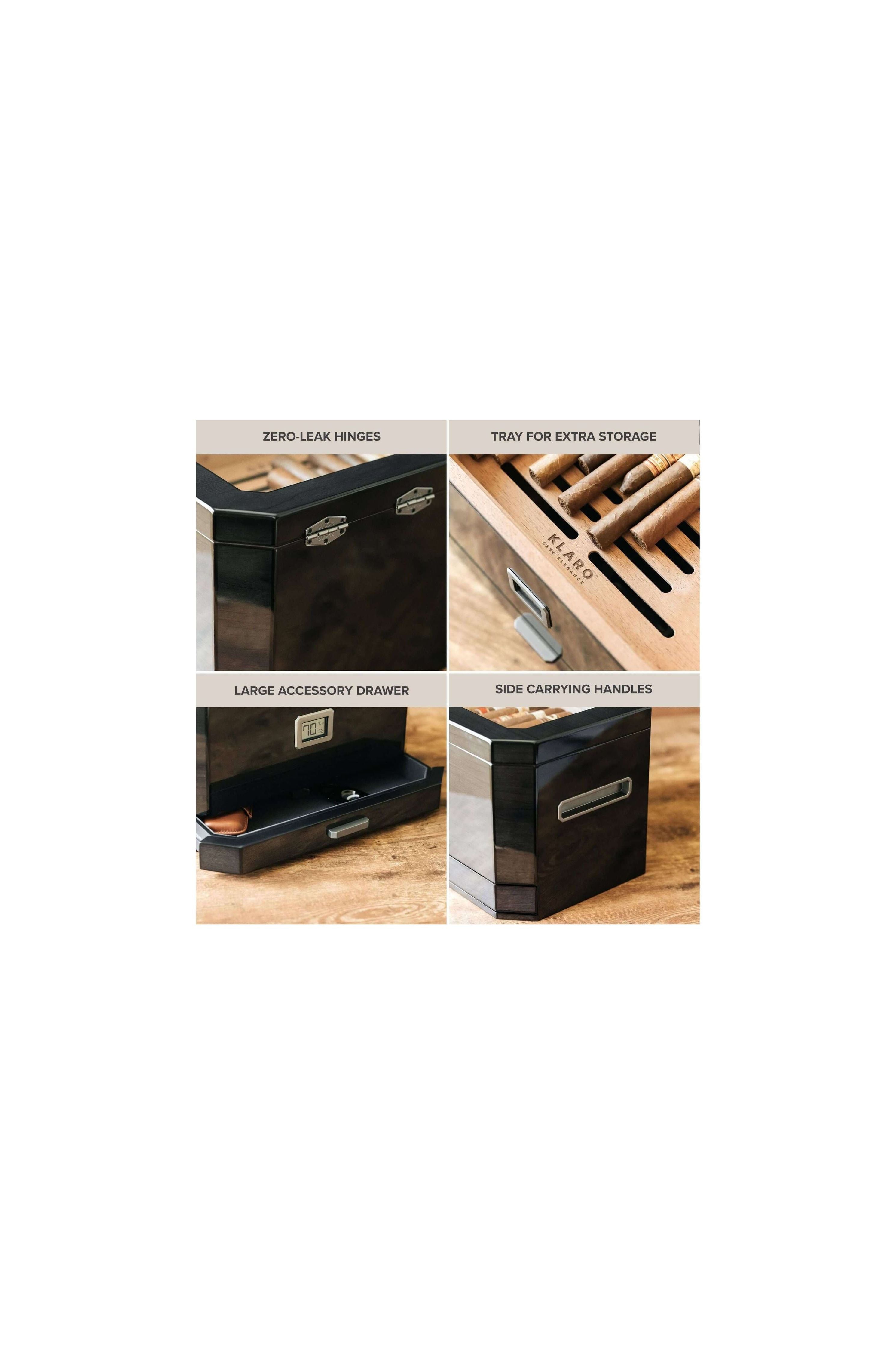 Humidor Octodor features zero-leak hinges, extra storage tray, large accessory drawer, and side carrying handles.