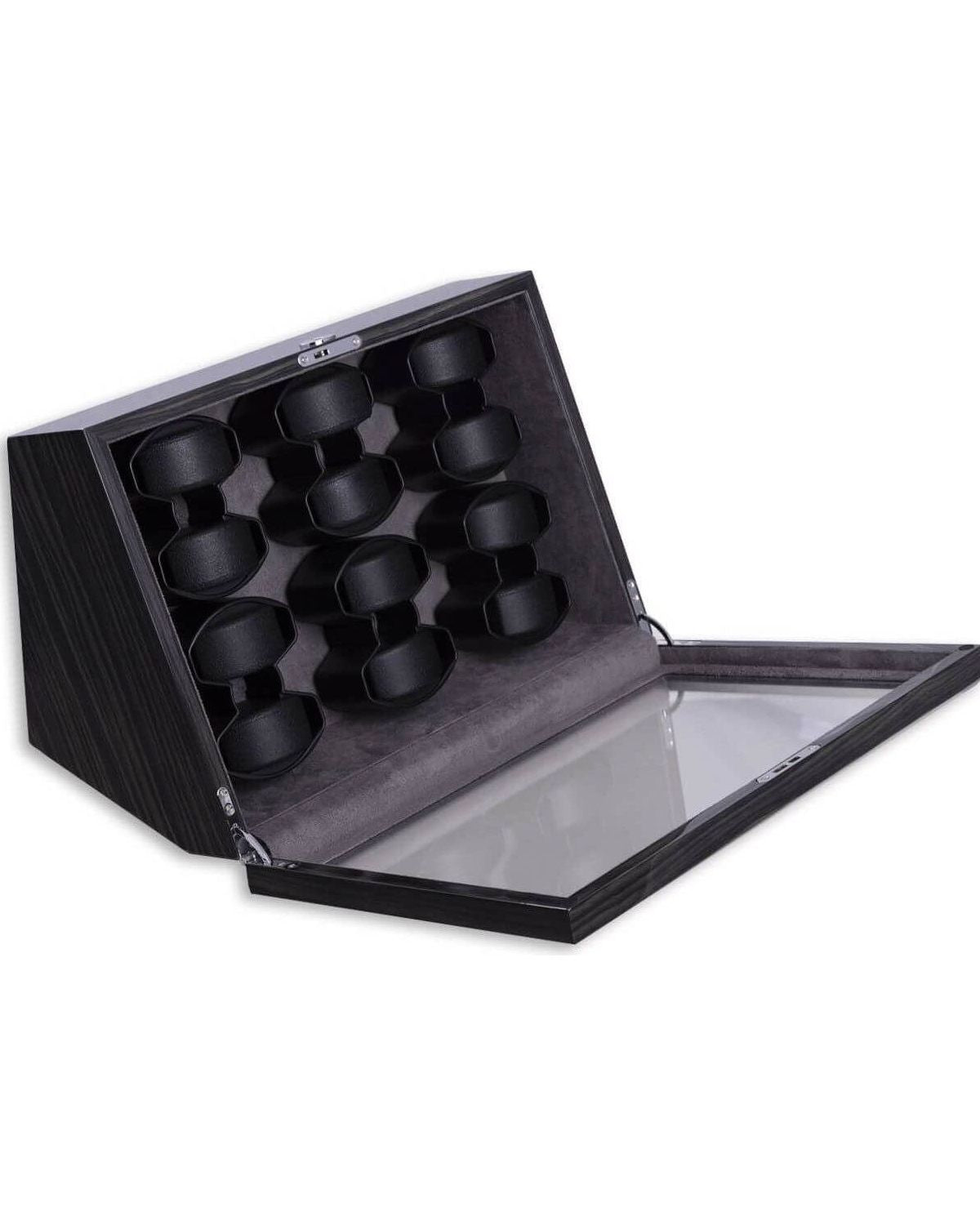 Remontoir de Montres Cosmo Twelve en bois de frêne poli, conçu pour 12 montres avec vitrine élégante et pratique.