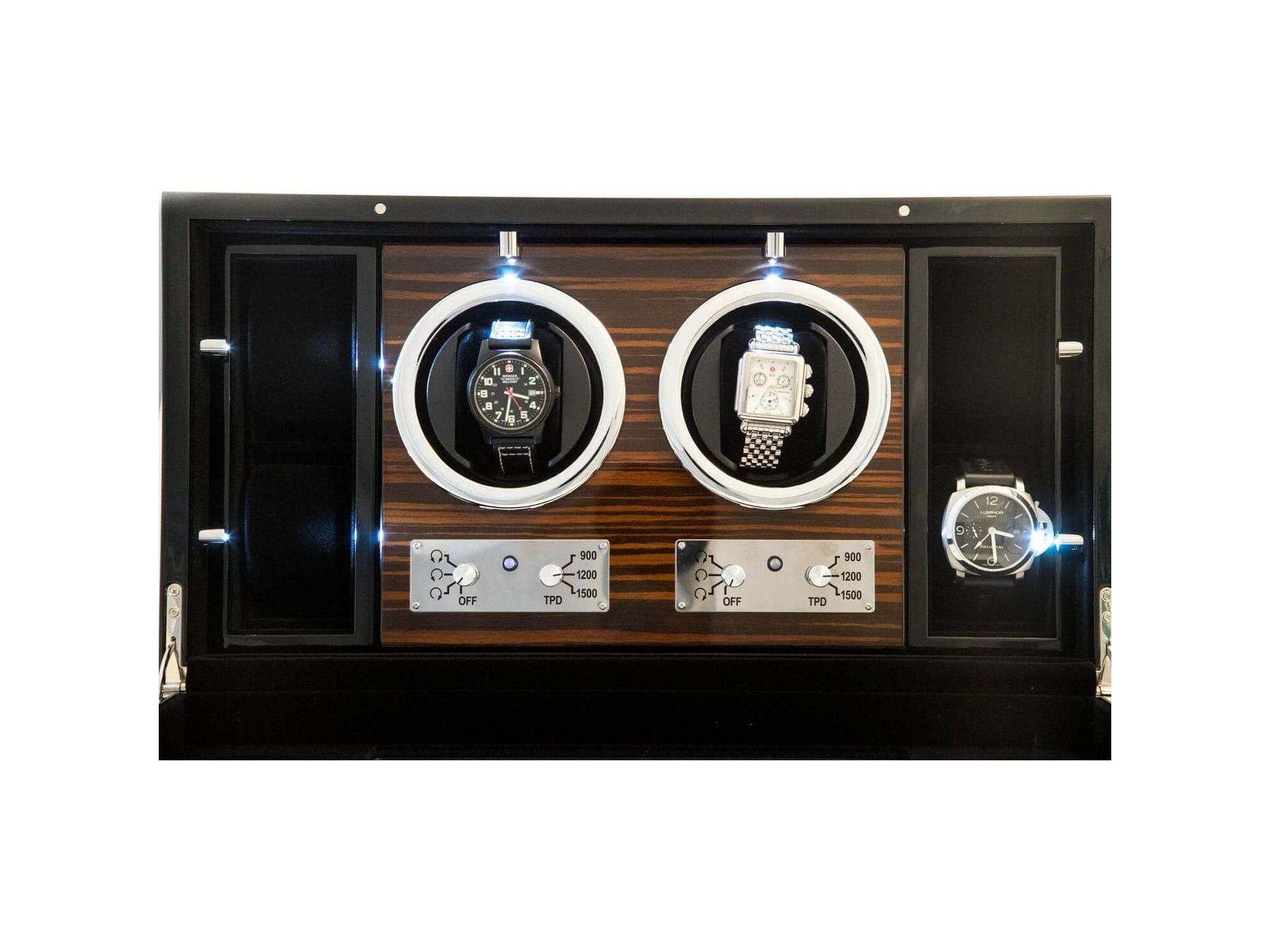 Remontoir en bois de loupe pour 2 montres avec LED et options d'enroulement, design élégant et moderne.