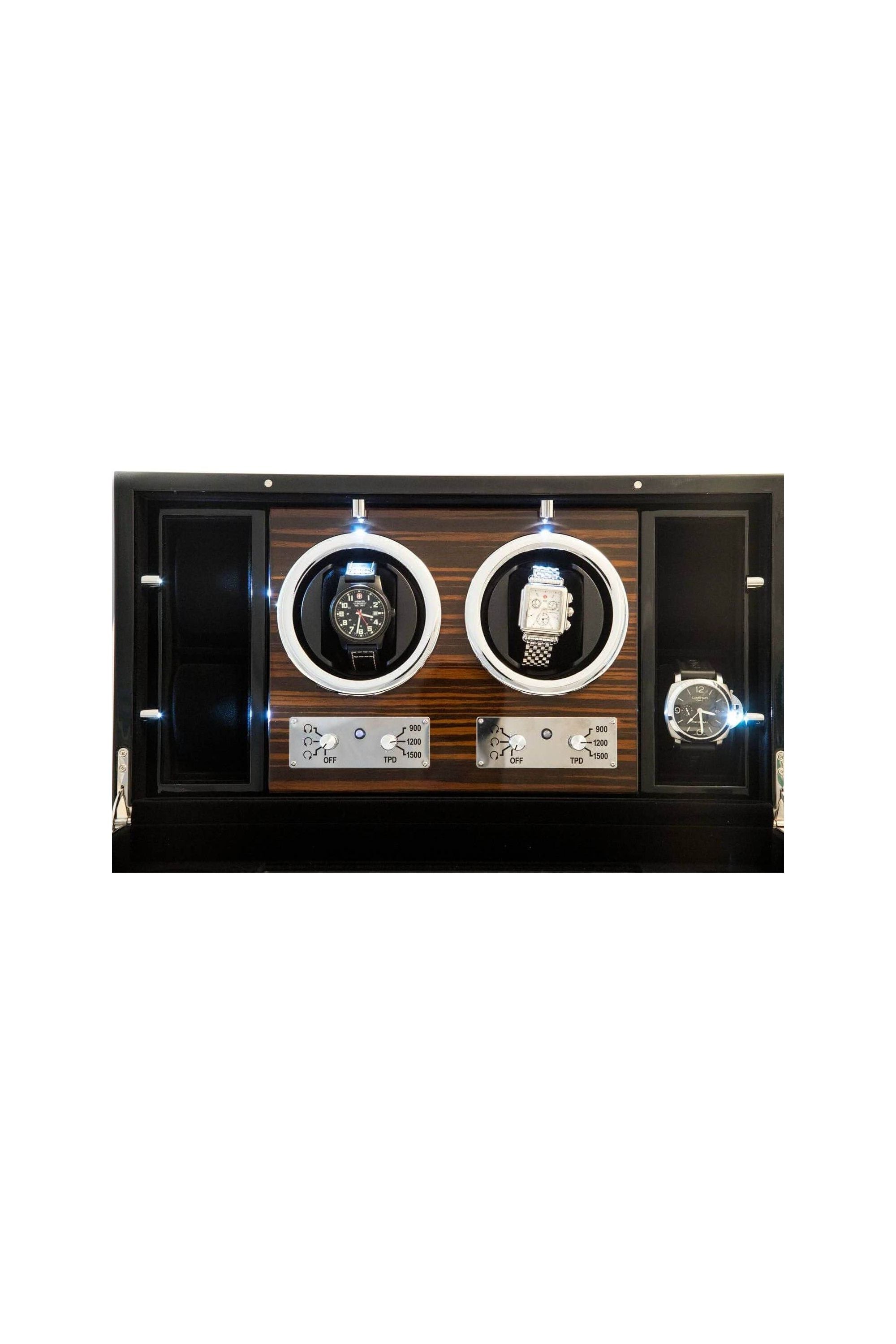 Remontoir en bois de loupe pour 2 montres avec LED et options d'enroulement, design élégant et moderne.