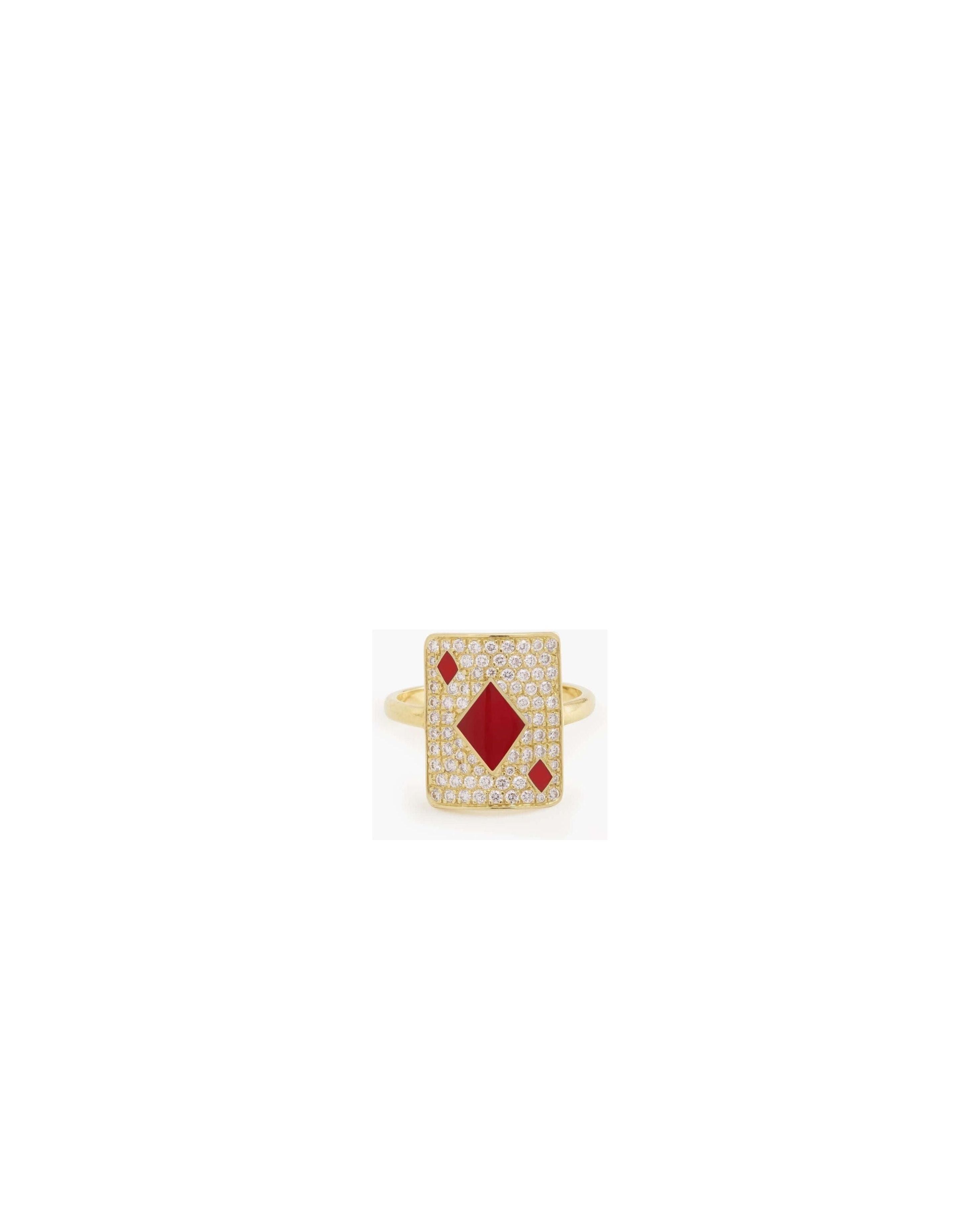 Bague en or jaune avec diamants et émaillage rouge, design élégant et moderne.