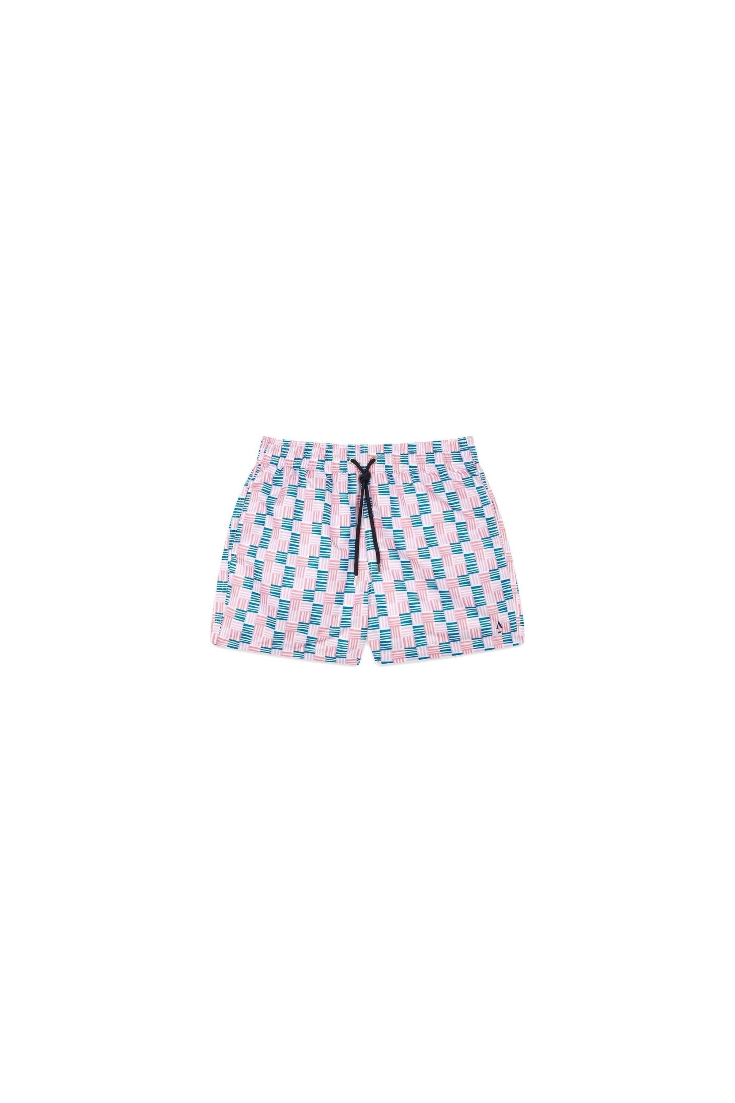 Short de bain Cannage en polyester recyclé, coupe ajustée, motifs colorés, ceinture élastique et poches zippées.