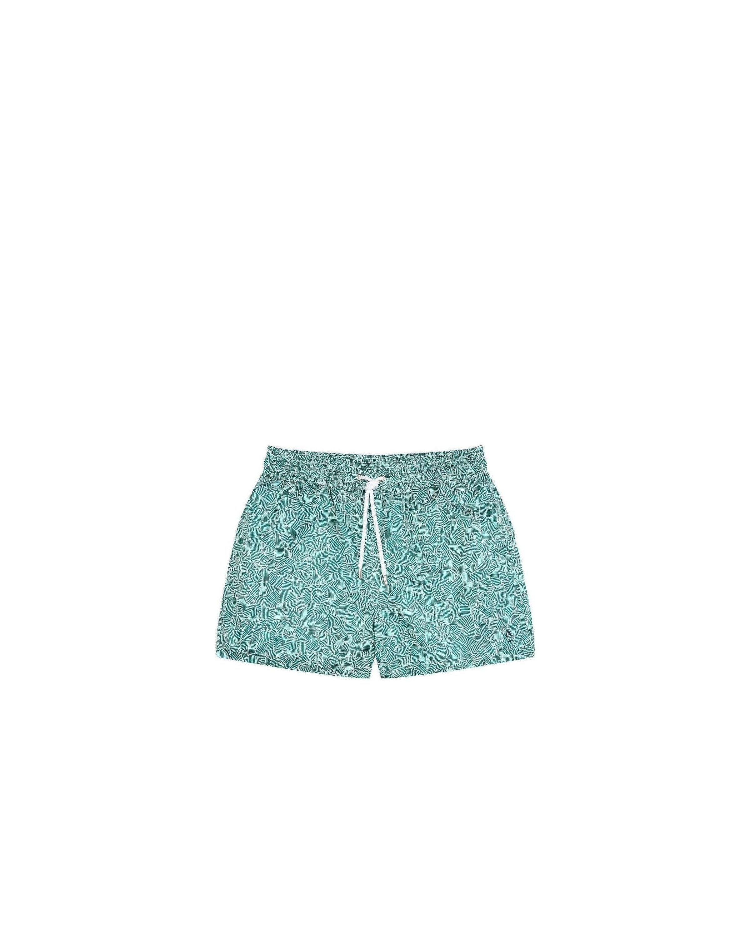 Short de bain Reflets en polyester recyclé, coupe mi-cuisses, poches latérales, couleur turquoise avec motif abstract.