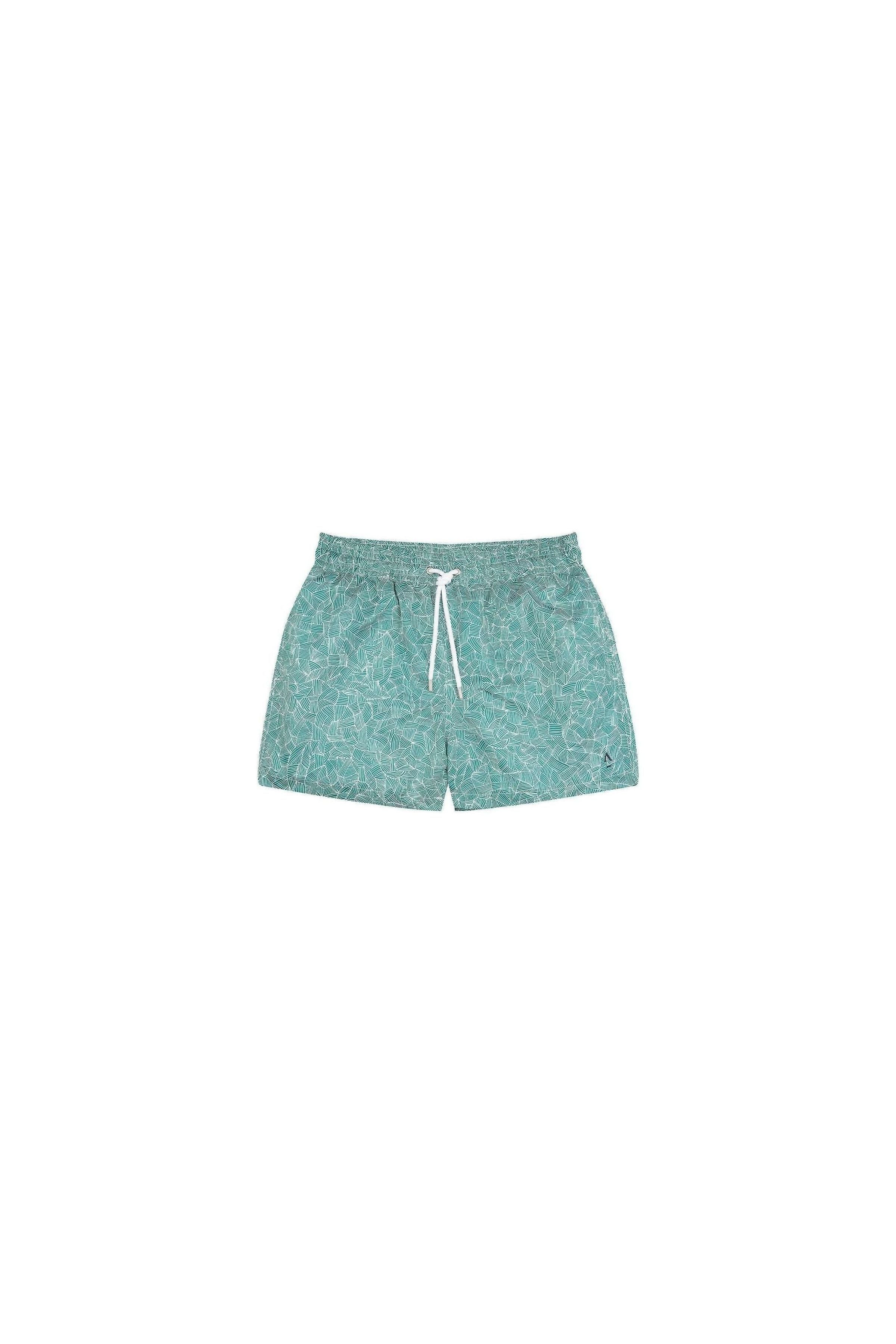Short de bain Reflets en polyester recyclé, coupe mi-cuisses, poches latérales, couleur turquoise avec motif abstract.
