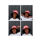Enfant souriant portant une casquette gabin rose corail, montrant différentes poses amusantes sur fond de logo Maison Michel.