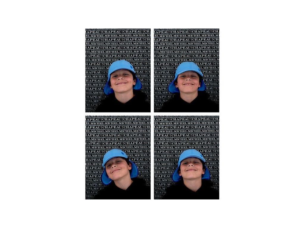 Enfant souriant portant une casquette bleue Maison Michel sur fond noir, photographié en quatre poses.