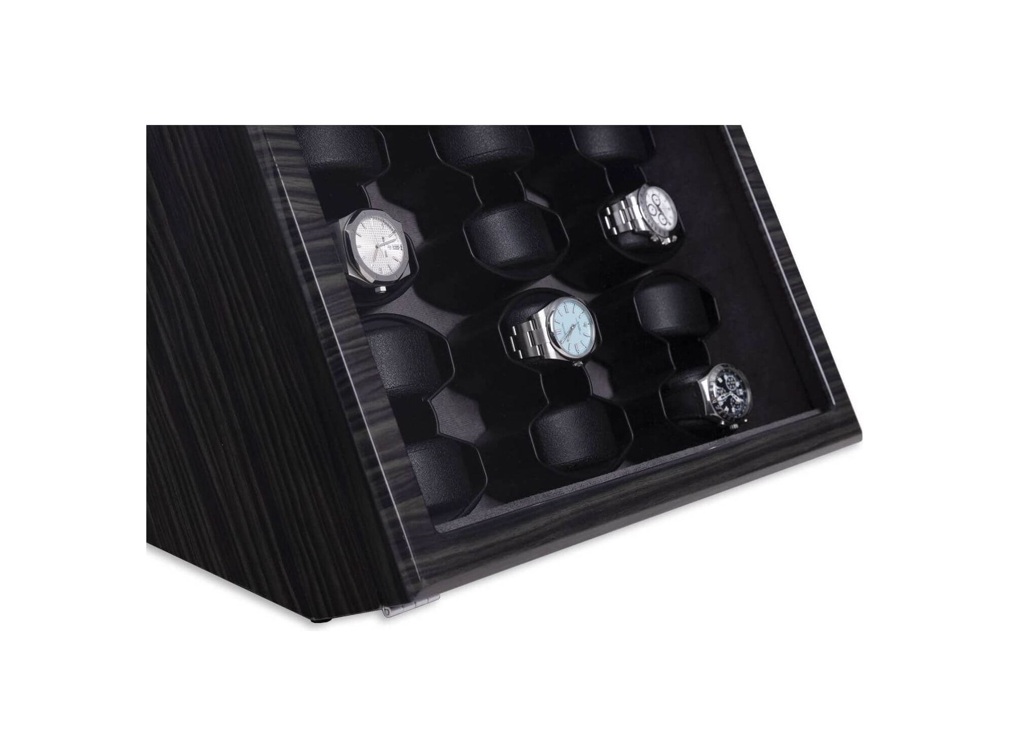 Remontoir de Montres Cosmo Twelve en bois de frêne poli, avec espace pour douze montres, élégant et fonctionnel.