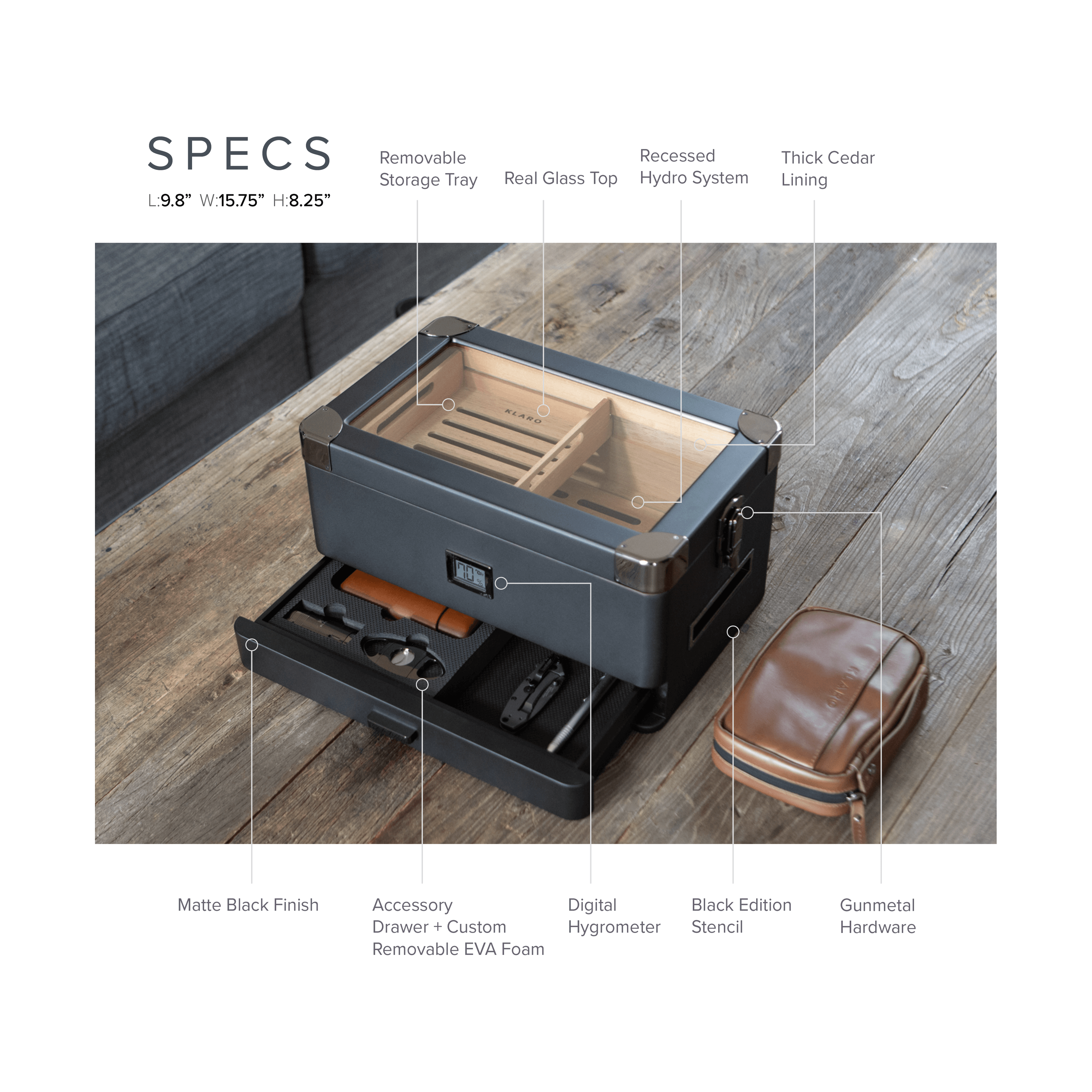 Humidor militaire Black Edition with matte black finish, cedar lining, digital hygrometer, and accessory drawer.