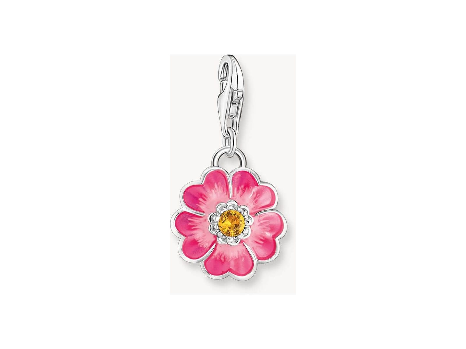 Pendentif Flower Pink en argent 925 recyclé avec zircon orange et émail dégradé de magenta à rose.