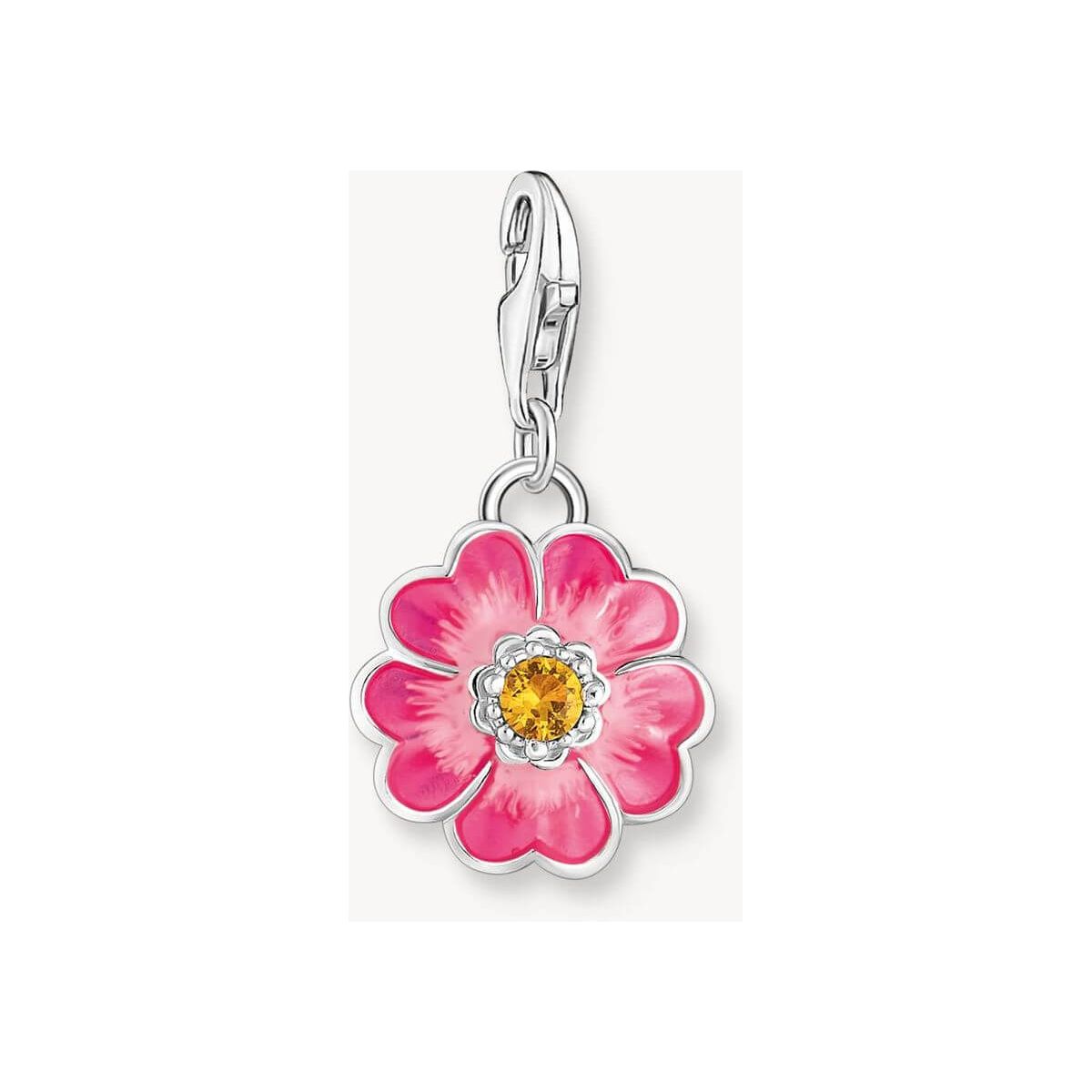 Pendentif Flower Pink en argent 925 recyclé avec zircon orange et émail dégradé de magenta à rose.