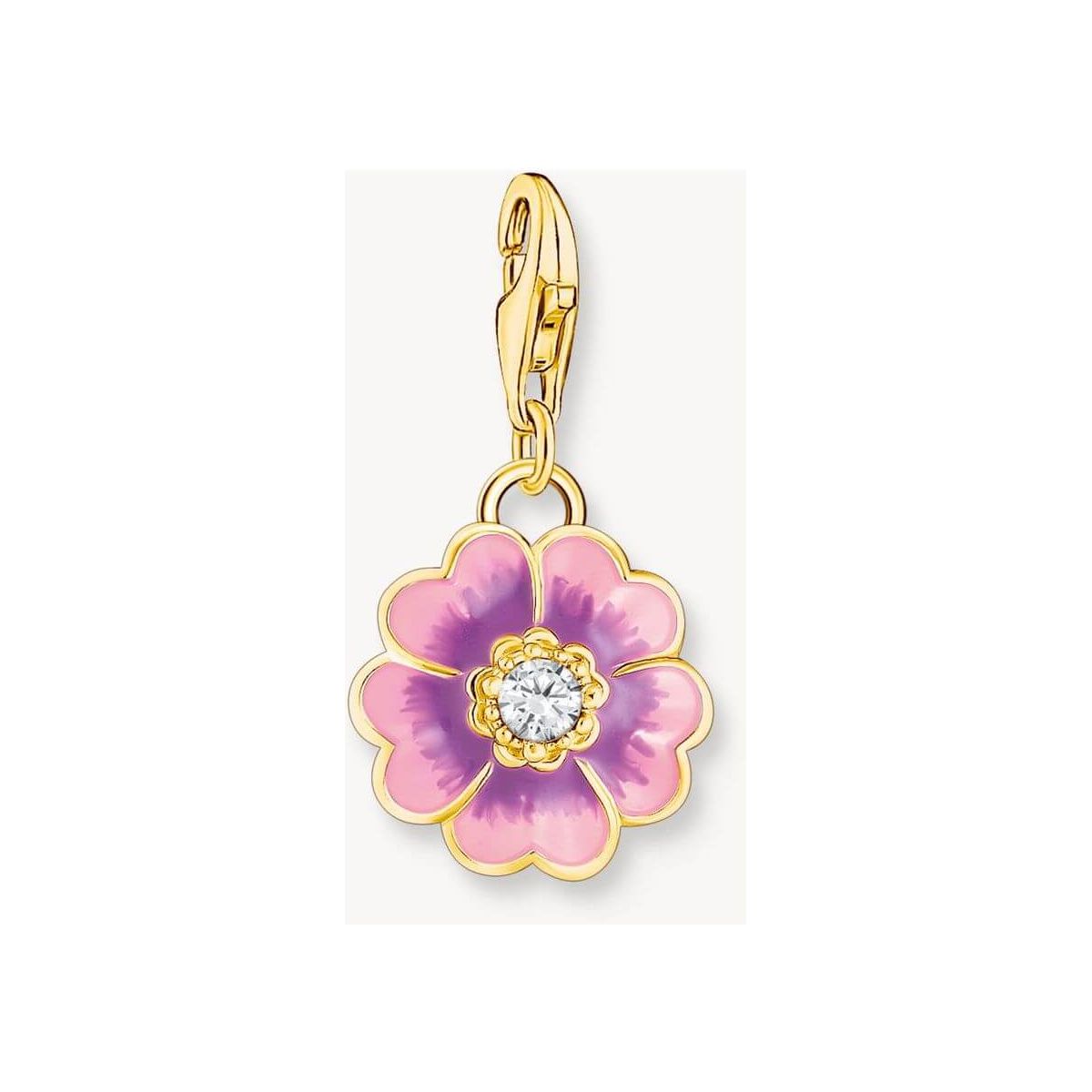 Pendentif flower violet doré à l'or fin, avec zircon blanc et émail dégradé rose à violet.