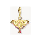 Colorful gold moth pendant in filigree design with pink, lilac, and green enamel accents.