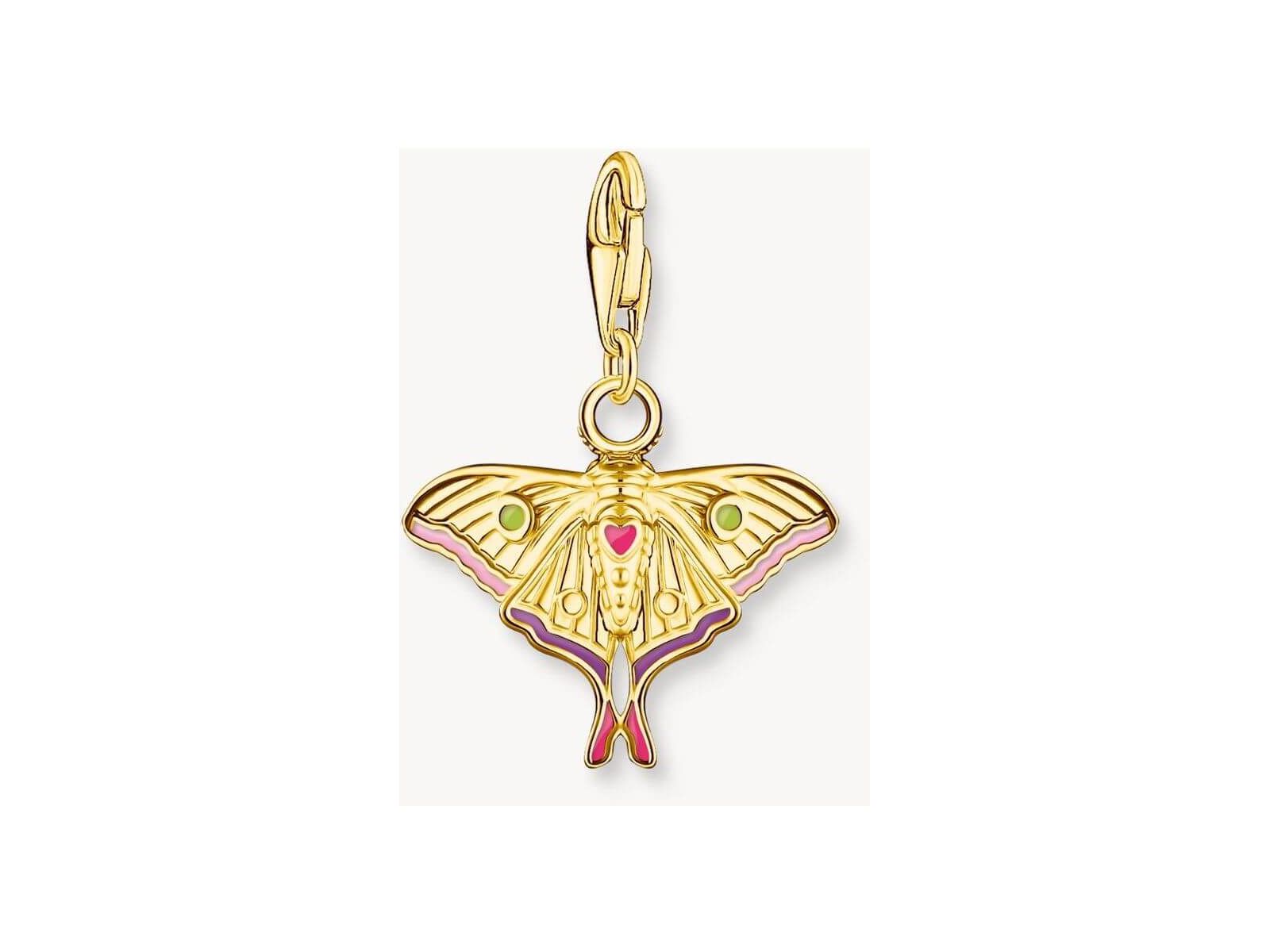 Colorful gold moth pendant in filigree design with pink, lilac, and green enamel accents.