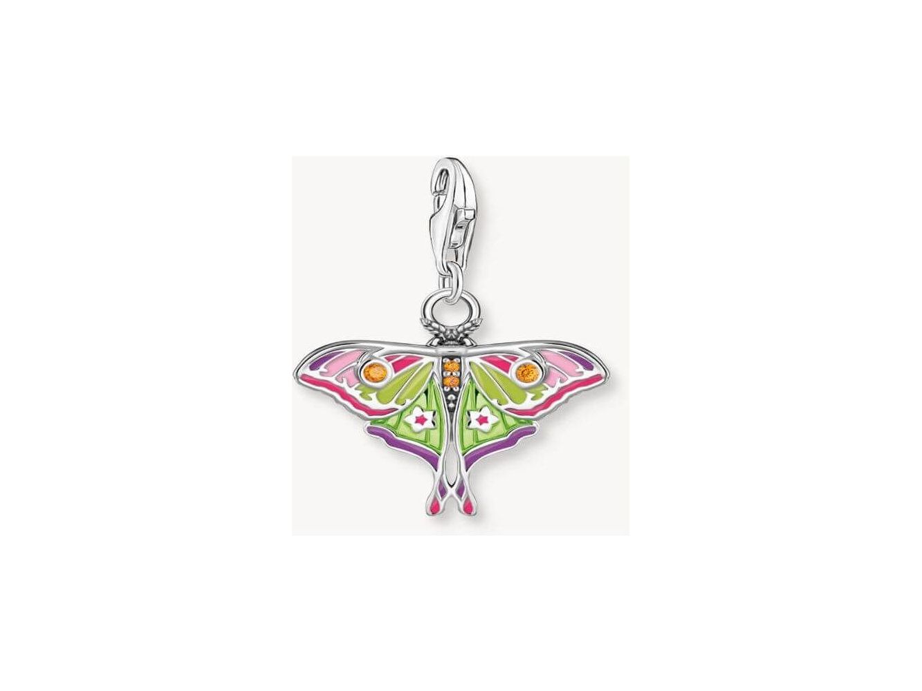Pendentif papillon de nuit en argent coloré avec émail magenta, lilas, rose et vert citron, décoré de zirconium.
