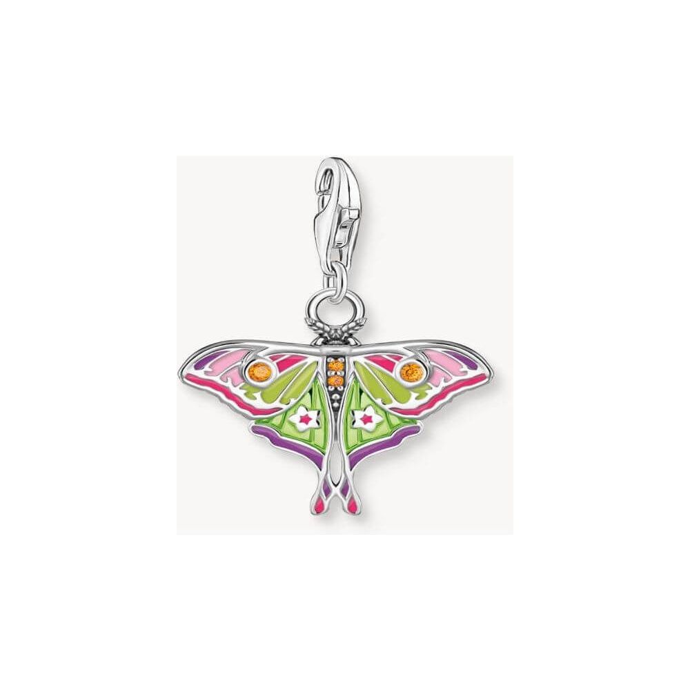 Pendentif papillon de nuit en argent coloré avec émail magenta, lilas, rose et vert citron, décoré de zirconium.