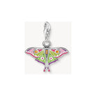 Pendentif papillon de nuit en argent coloré avec émail magenta, lilas, rose et vert citron, décoré de zirconium.