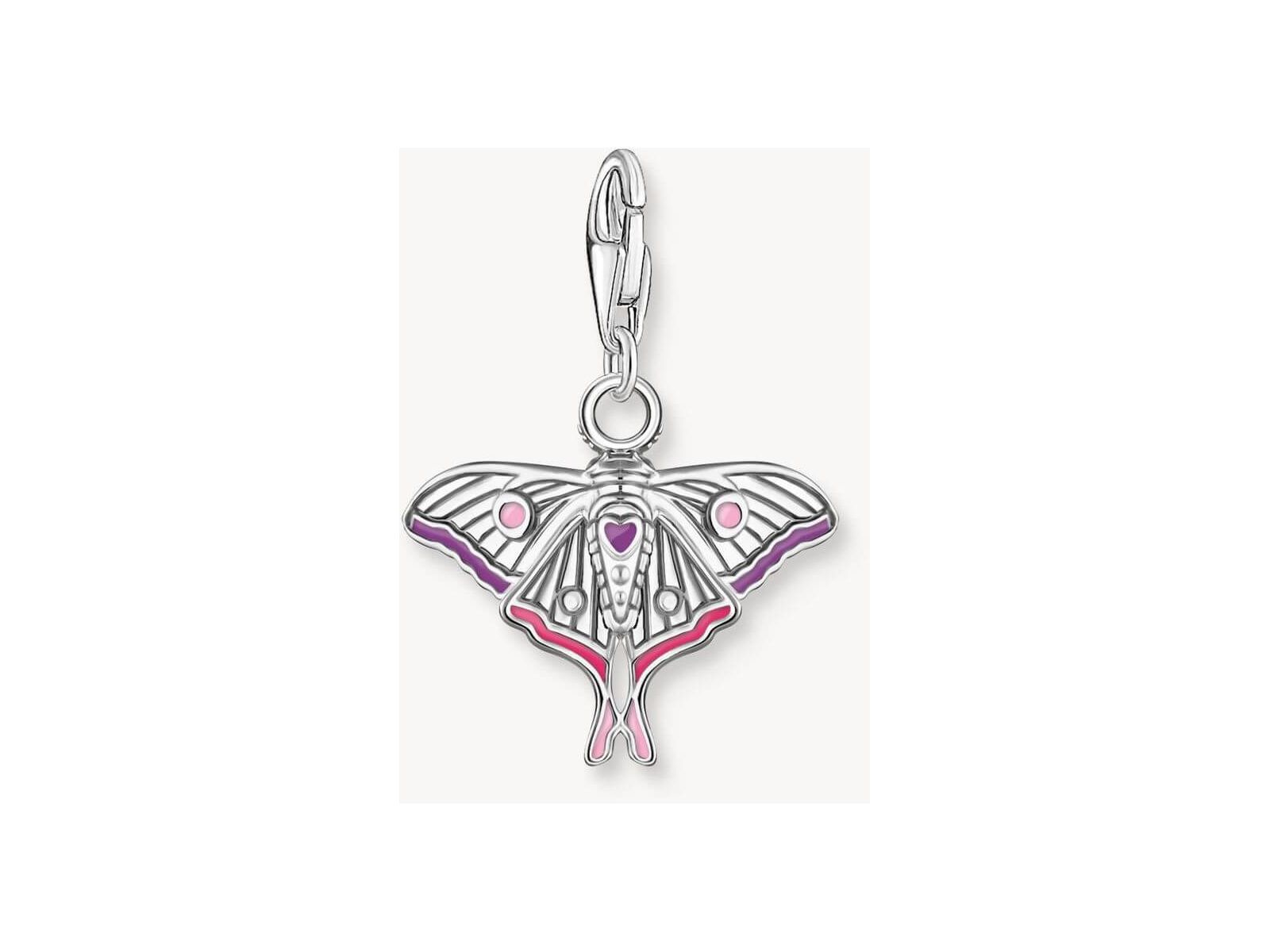 Pendentif papillon de nuit en argent coloré, élégant et finement travaillé, avec émaillage magenta et lilas.