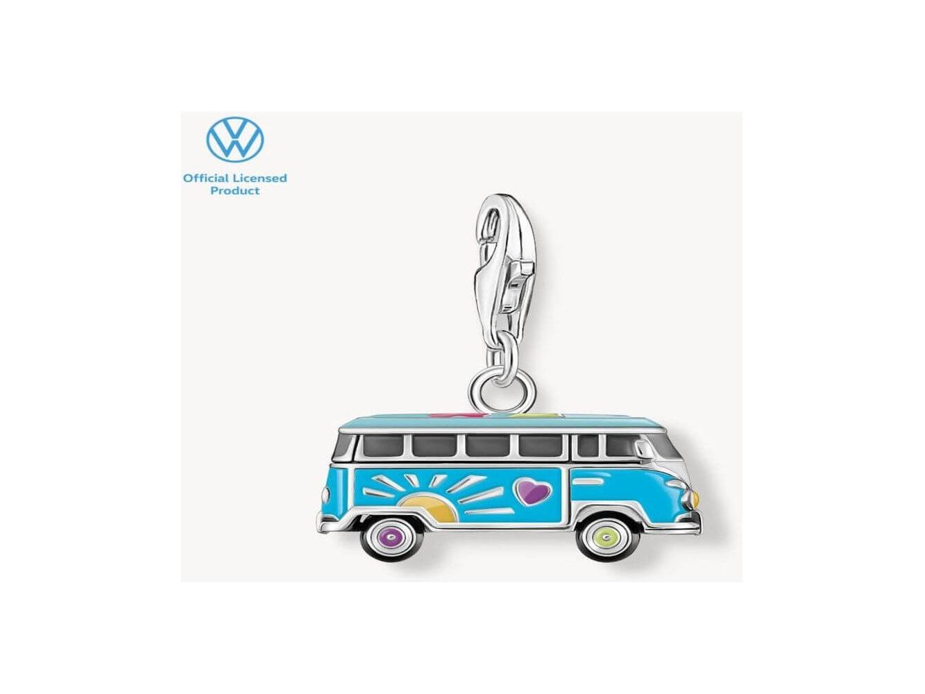 Charm pendentif en argent représentant un bus Volkswagen hippie coloré, joyeux et détaillé.