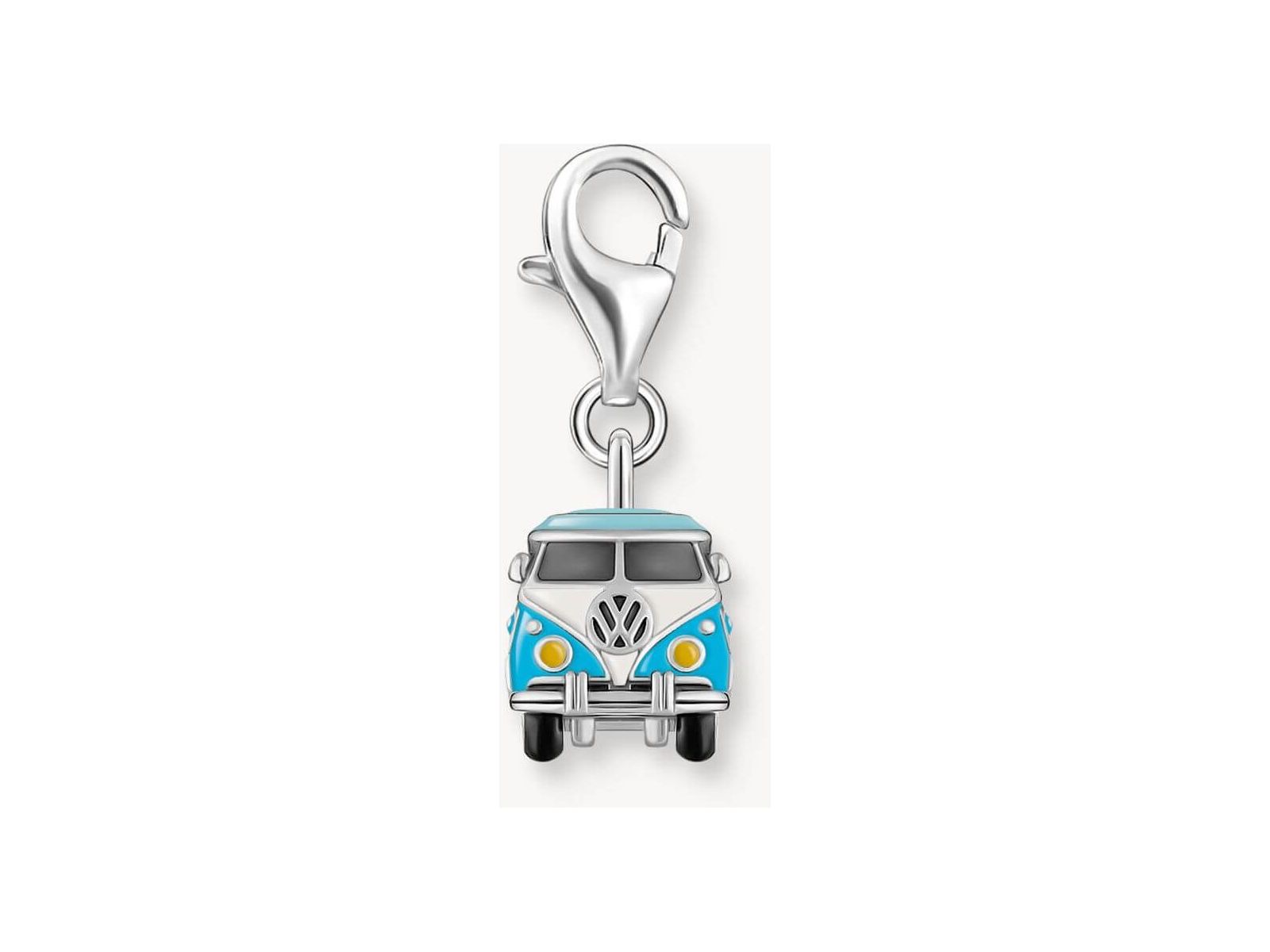 Pendentif charm en argent recyclé représentant un bus Volkswagen hippie bleu avec fermoir mousqueton.