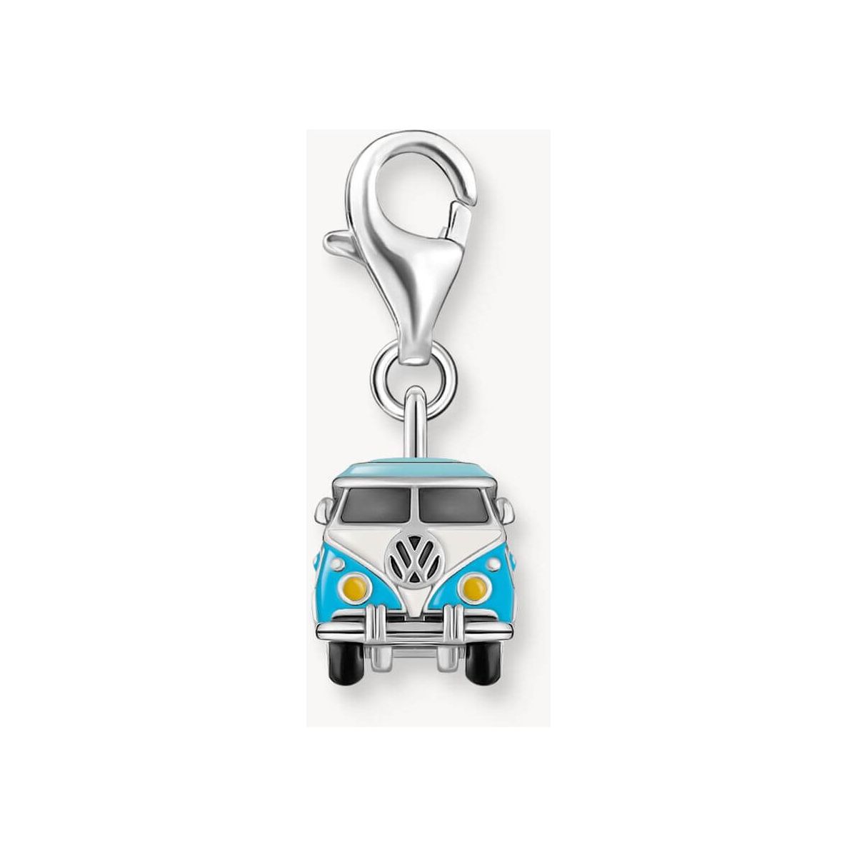 Pendentif charm en argent recyclé représentant un bus Volkswagen hippie bleu avec fermoir mousqueton.