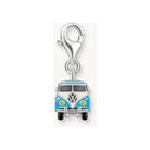 Pendentif charm en argent recyclé représentant un bus Volkswagen hippie bleu avec fermoir mousqueton.